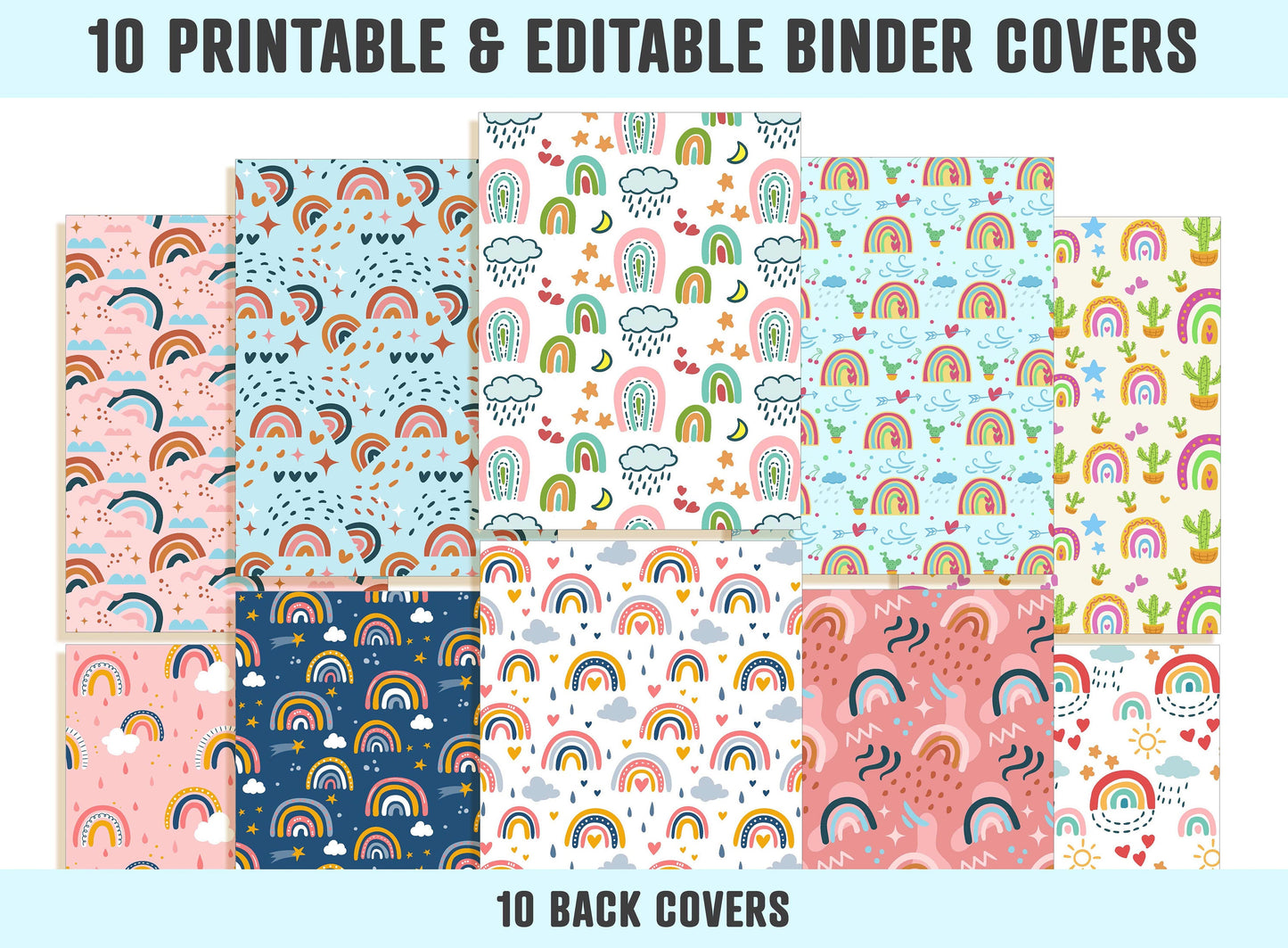 Rainbow Binder Cover, 10 Printable & Editable Binder Covers+Spines, Binder Inserts, Planner Cover, Teacher/School Binder Cover, Folder Cover