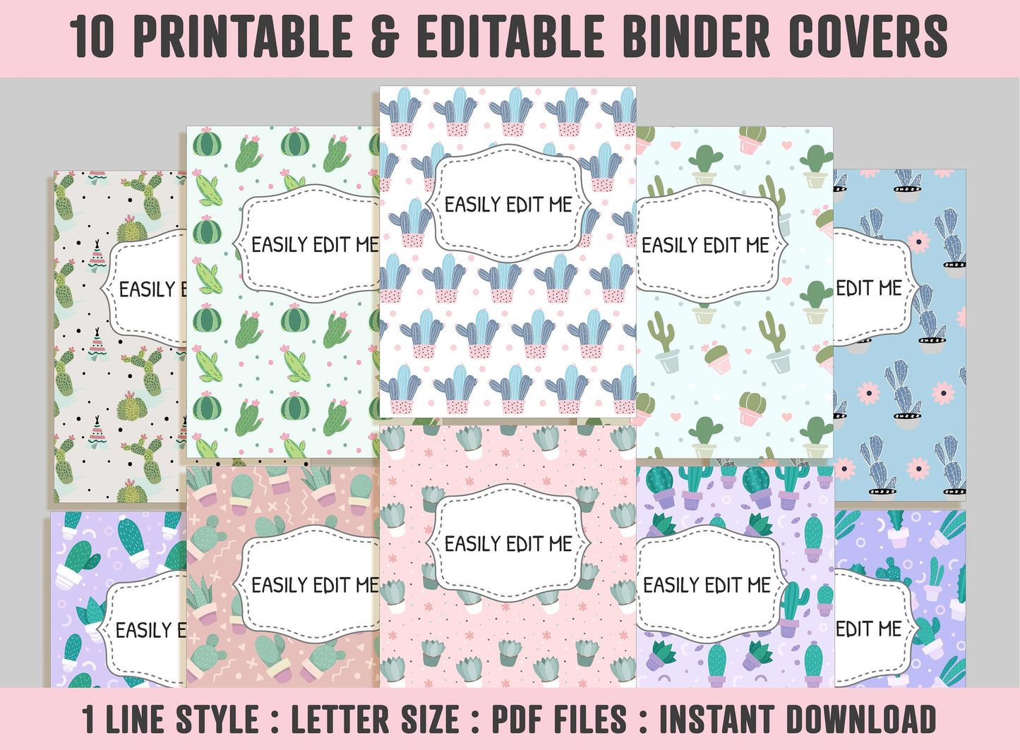 Binder Cover Printable Editable, 10 Binder Covers+Spines, Binder Inserts Planner Cover, Teacher/School Binder Cover, Cactus Succulent Binder