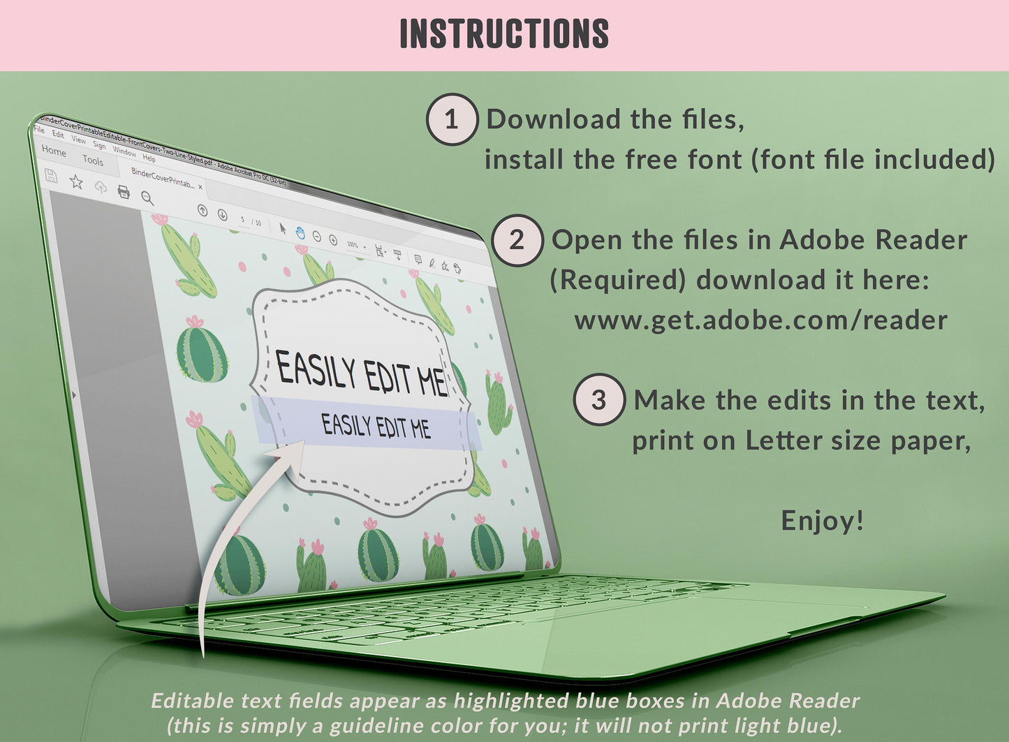 Binder Cover Printable Editable, 10 Binder Covers+Spines, Binder Inserts Planner Cover, Teacher/School Binder Cover, Cactus Succulent Binder