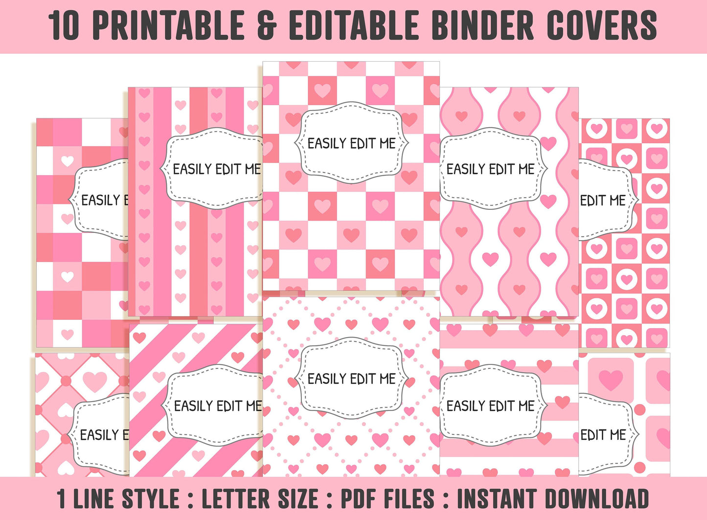 Valentine Binder Covers, 10 Printable & Editable Binder Covers+Spines, Binder Insert, Planner Cover, Teacher/School Binder, Pink/Love/Heart