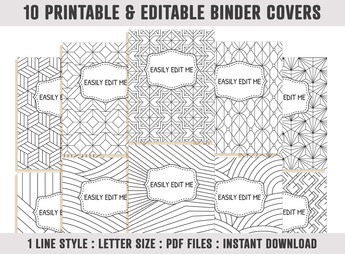 Binder Cover Black and White, 10 Covers+Spines, Binder Cover Printable, Editable, Teacher/School Binder Planner Cover Binder Insert Template