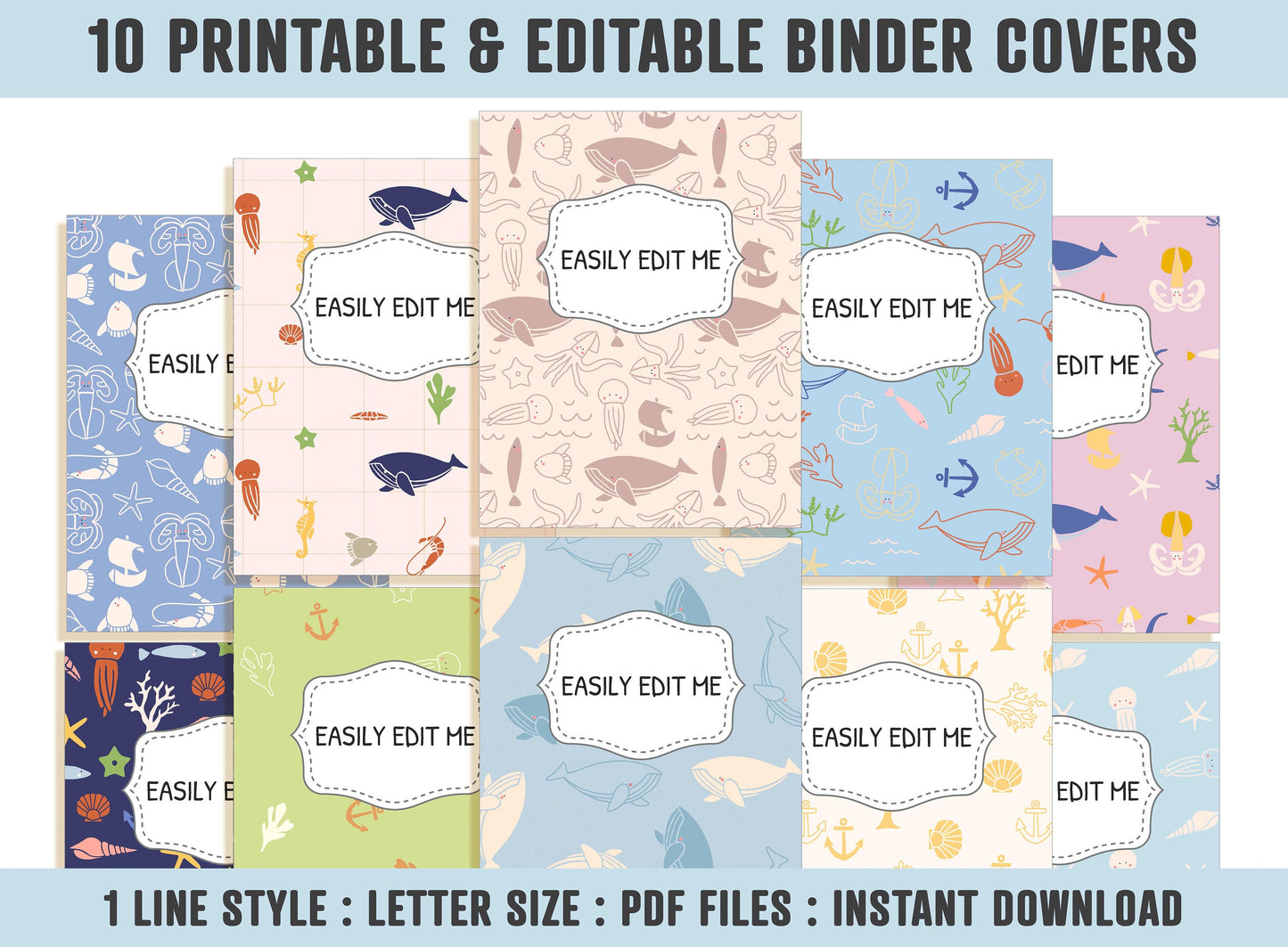 Binder Cover Animal, 10 Printable/Editable Covers+Spines, Binder Inserts, Planner Cover, Teacher/School Binder, Binder Template, Sea Animals