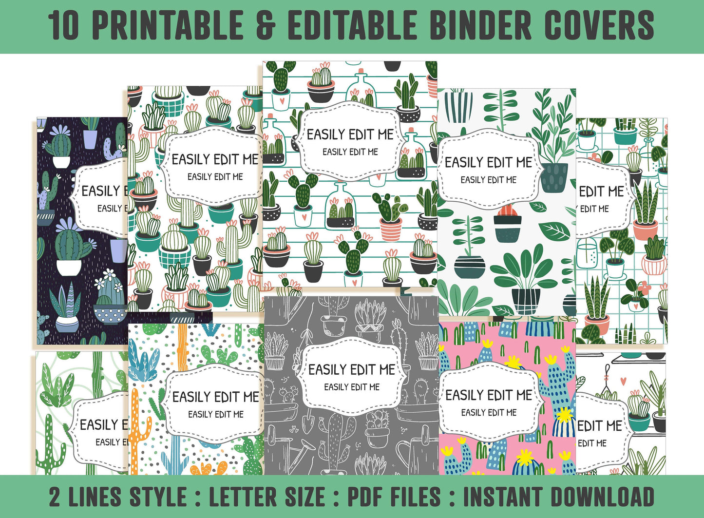 Cactus Binder Cover, 10 Printable/Editable Covers+Spines, Binder Insert, Planner Cover, Teacher/School Binder Cover, Printable Binder Cover