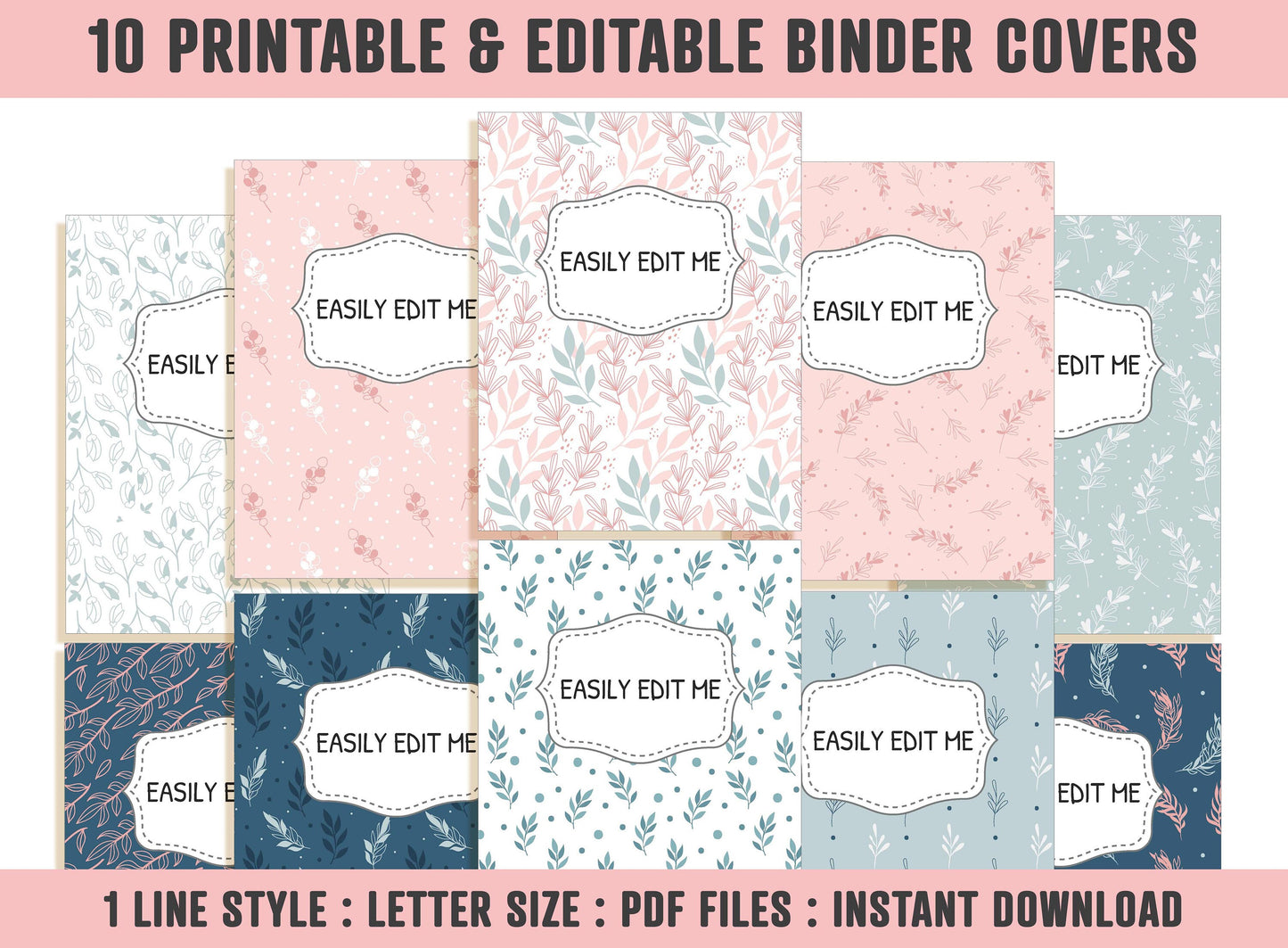 Binder Cover Set, 10 Editable Covers+Spines, Printable, Binder Cover Printable, Teacher/School Binder, Planner Cover, Binder Cover Inserts