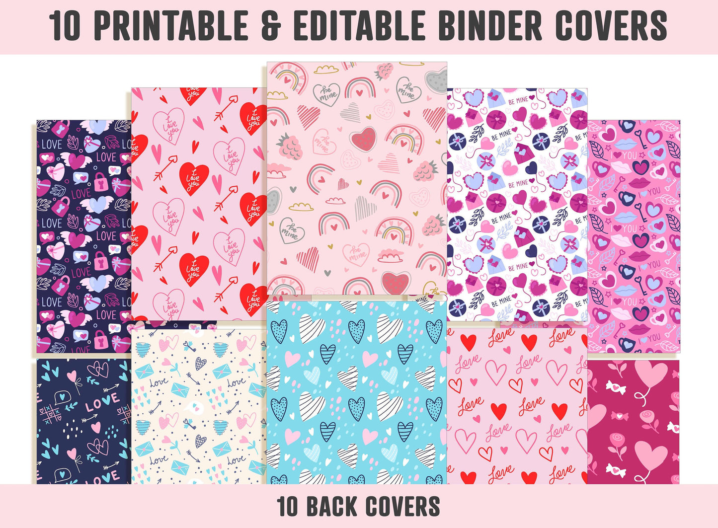 Binder Cover Printable Editable, 10 Covers+Spines, Binder Insert, Planner Cover, Teacher/School Binder Cover, Pink, Love, Heart, Valentine