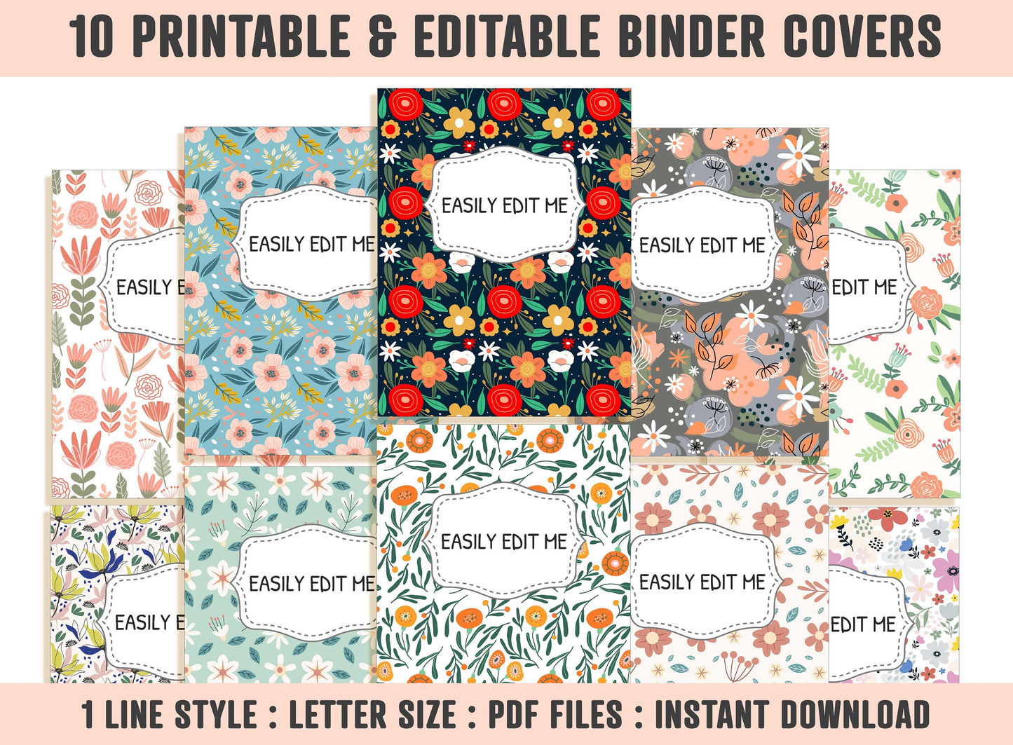 Floral Binder Cover Template, 10 Printable & Editable Binder Covers+Spines, Flower Binder Cover Binder Inserts Planner Cover Floral Folders