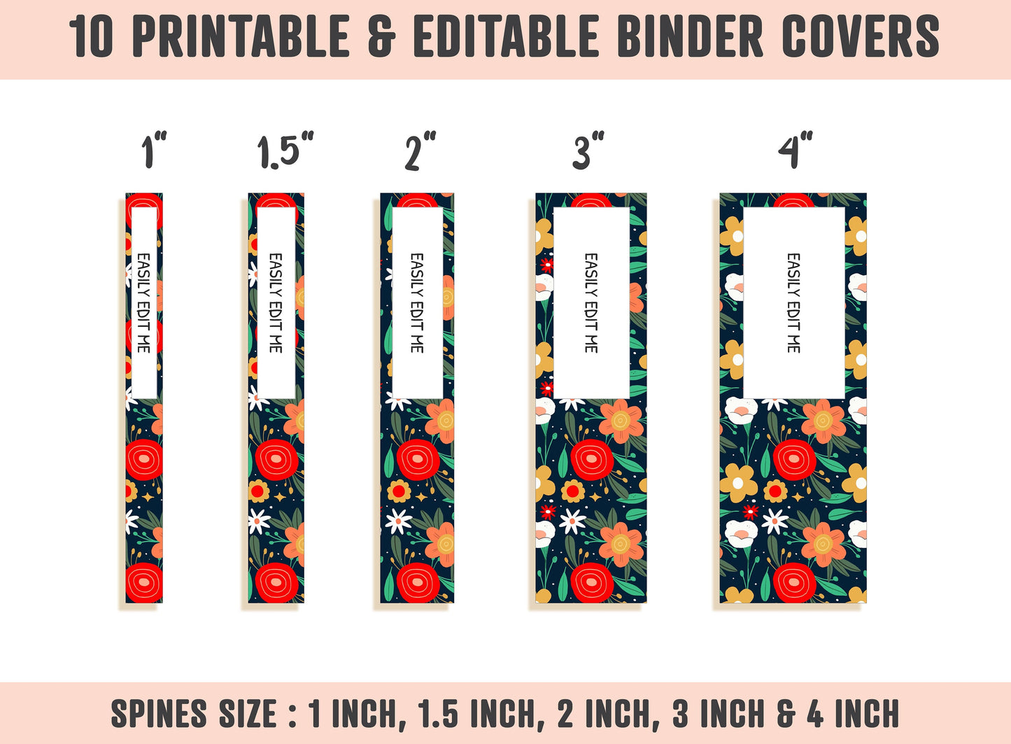 Floral Binder Cover Template, 10 Printable & Editable Binder Covers+Spines, Flower Binder Cover Binder Inserts Planner Cover Floral Folders