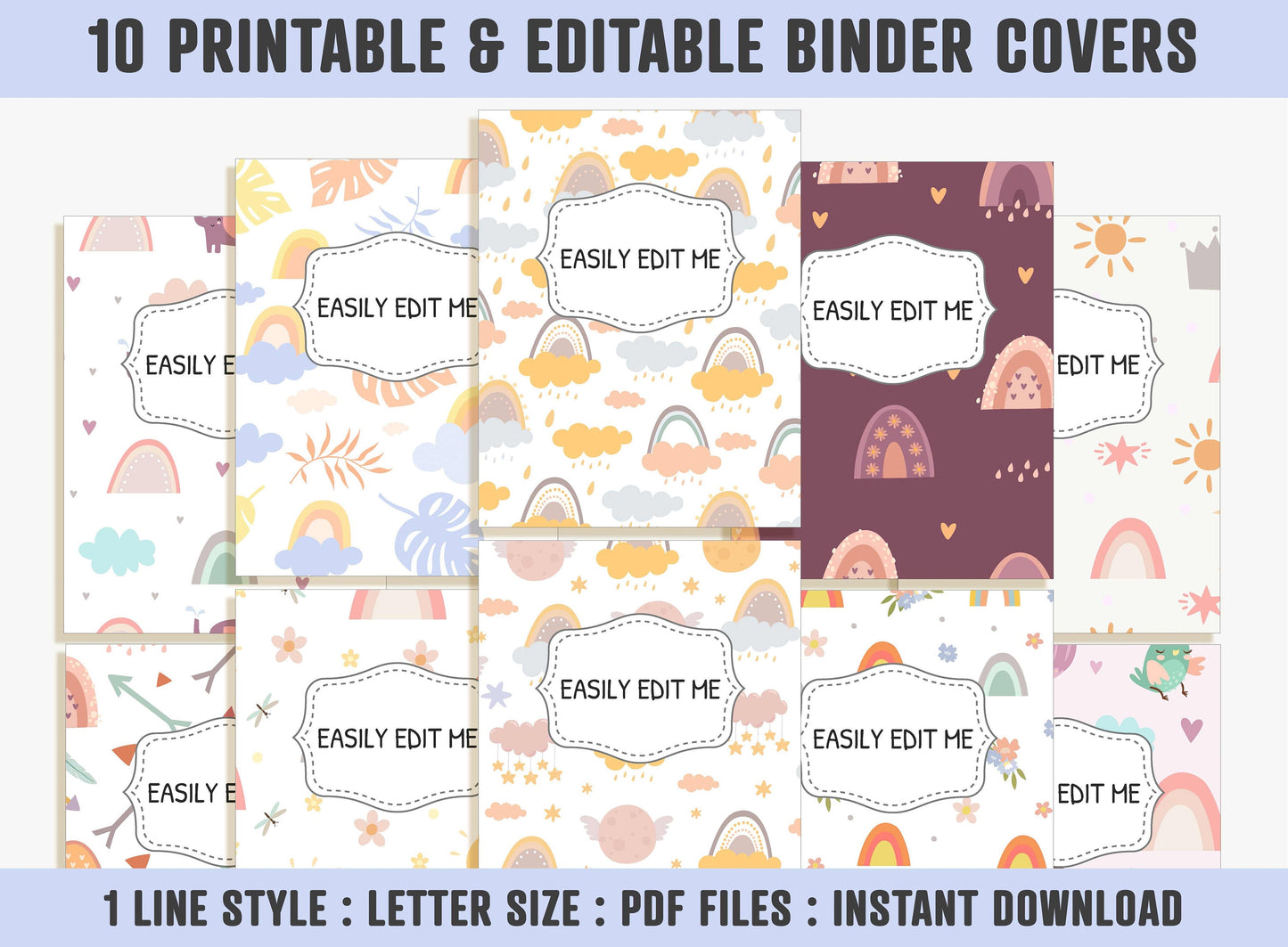 Rainbow Binder Cover Printable Editable, 10 Covers+Spines, Binder Insert, Planner Cover, Teacher/School Binder Cover, Printable Binder Cover