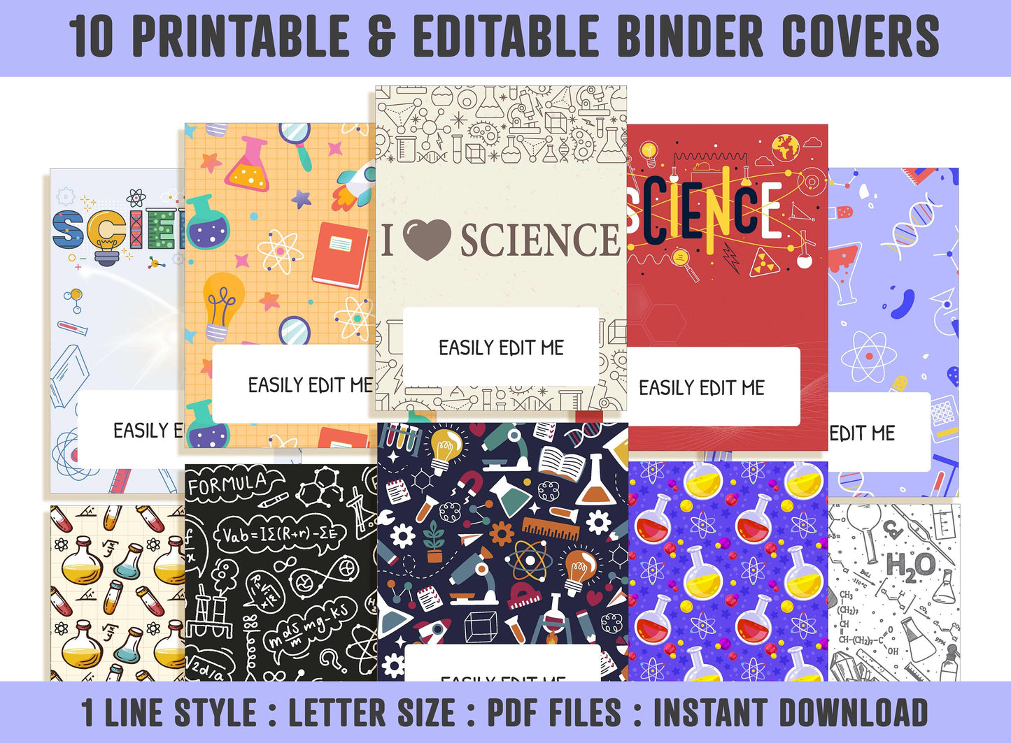 Science Binder Cover, 10 Printable & Editable Covers+Spines, Binder Inserts, Planner Cover, Teacher Binder, School Binder Cover, Template