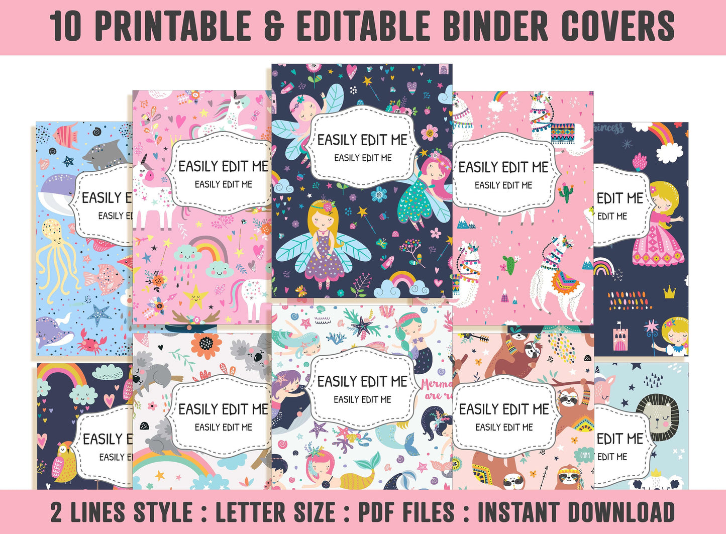 Binder Cover for Girls, 10 Editable Covers+Spines, Teacher/School Binder Template, Planner Cover, Binder Inserts, Printable Binder Cover