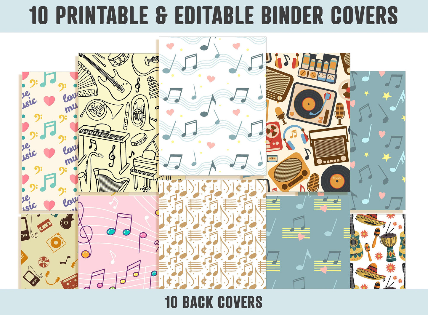 Binder Cover Music, 10 Printable/Editable Covers+Spines, Teacher/School Binder, Planner Cover, Note Planner Insert, Binder Cover Printable