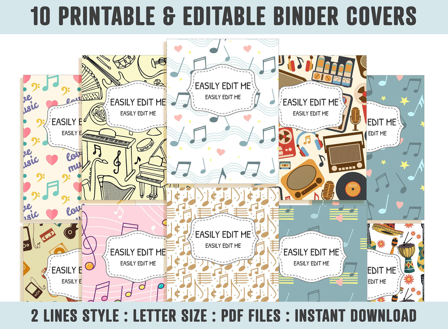 Binder Cover Music, 10 Printable/Editable Covers+Spines, Teacher/School Binder, Planner Cover, Note Planner Insert, Binder Cover Printable