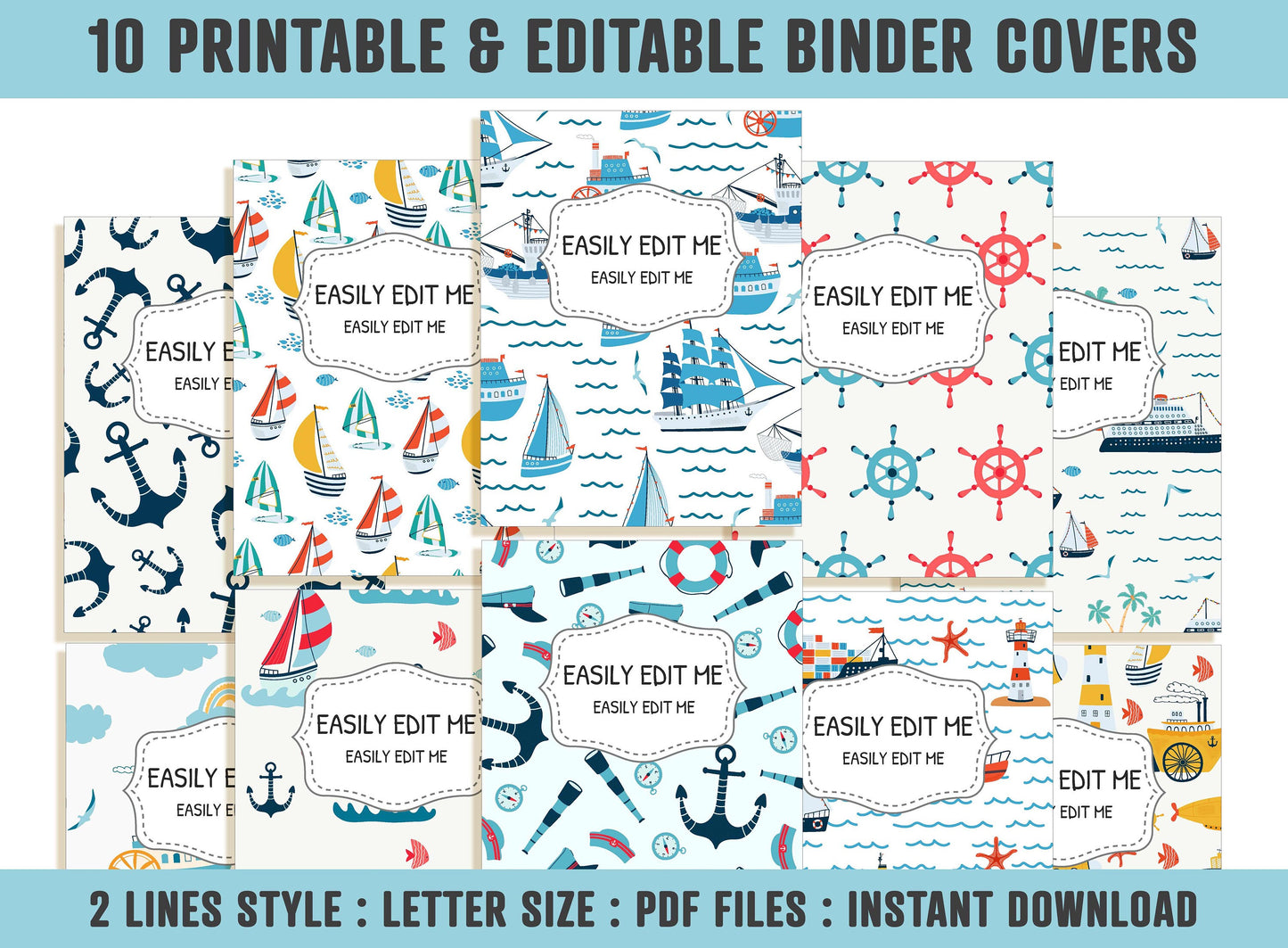 Ocean Binder Cover, 10 Printable/Editable Covers+Spines, Planner Cover Teacher/School Binder Insert/Template, Anchor, Sea, Ship Wheel Cruise