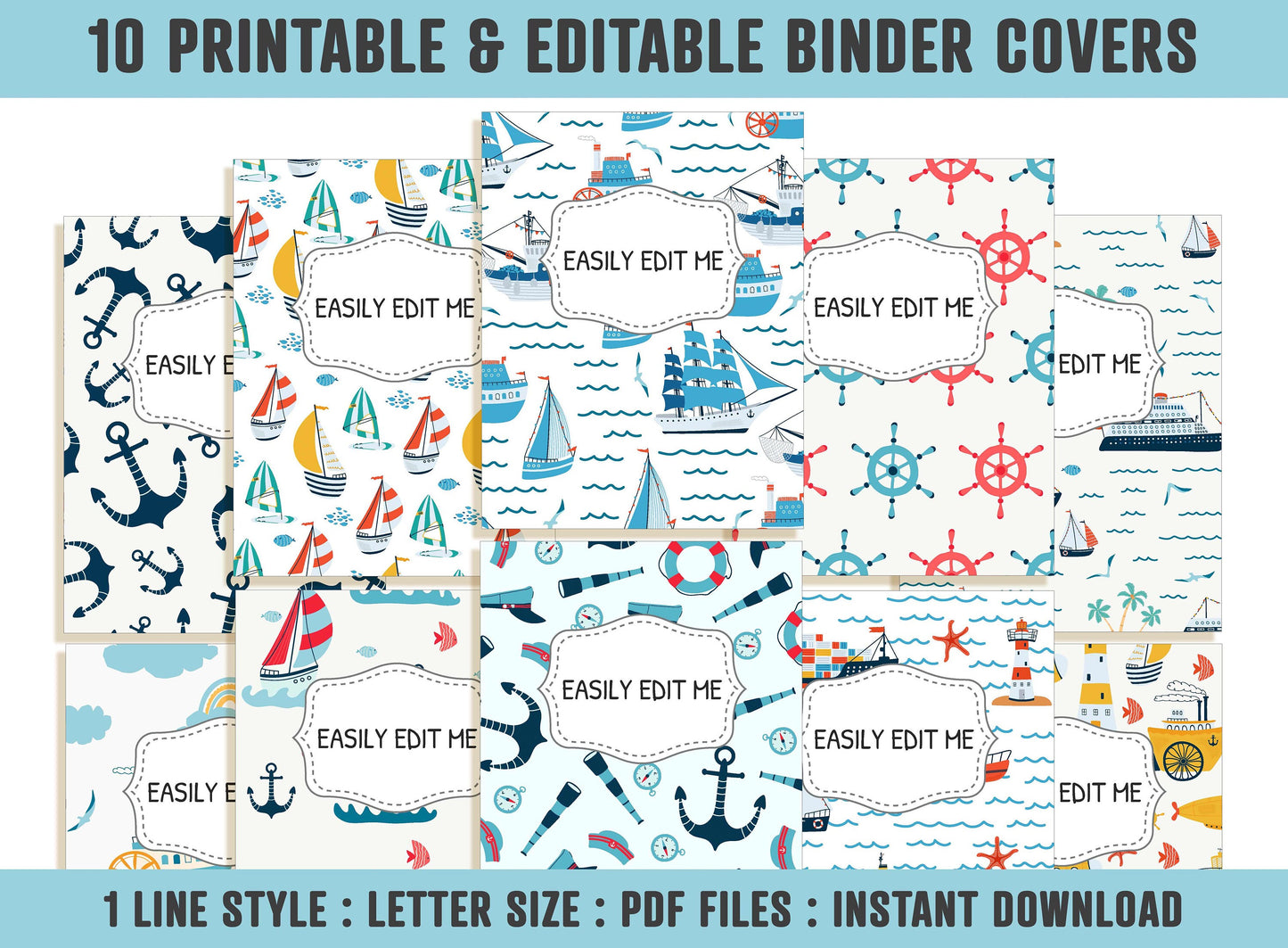 Ocean Binder Cover, 10 Printable/Editable Covers+Spines, Planner Cover Teacher/School Binder Insert/Template, Anchor, Sea, Ship Wheel Cruise