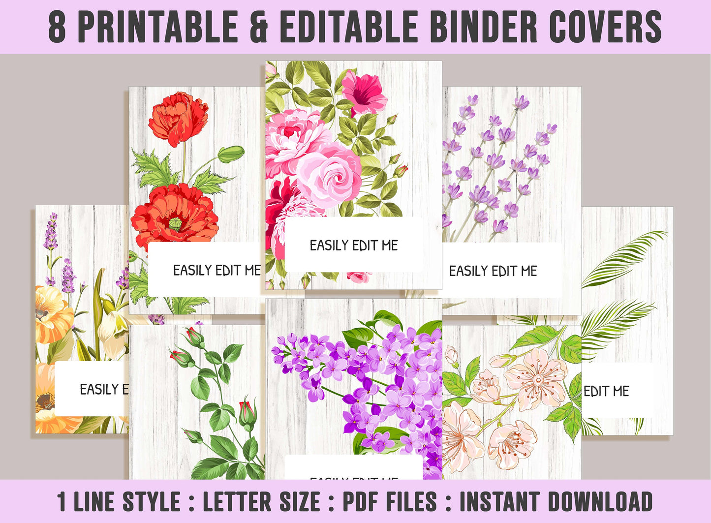 Editable Binder Covers, 8 Printable & Editable Binder Covers+Spines, Binder Inserts, Planner Cover, Floral Binder Cover, Folder Covers
