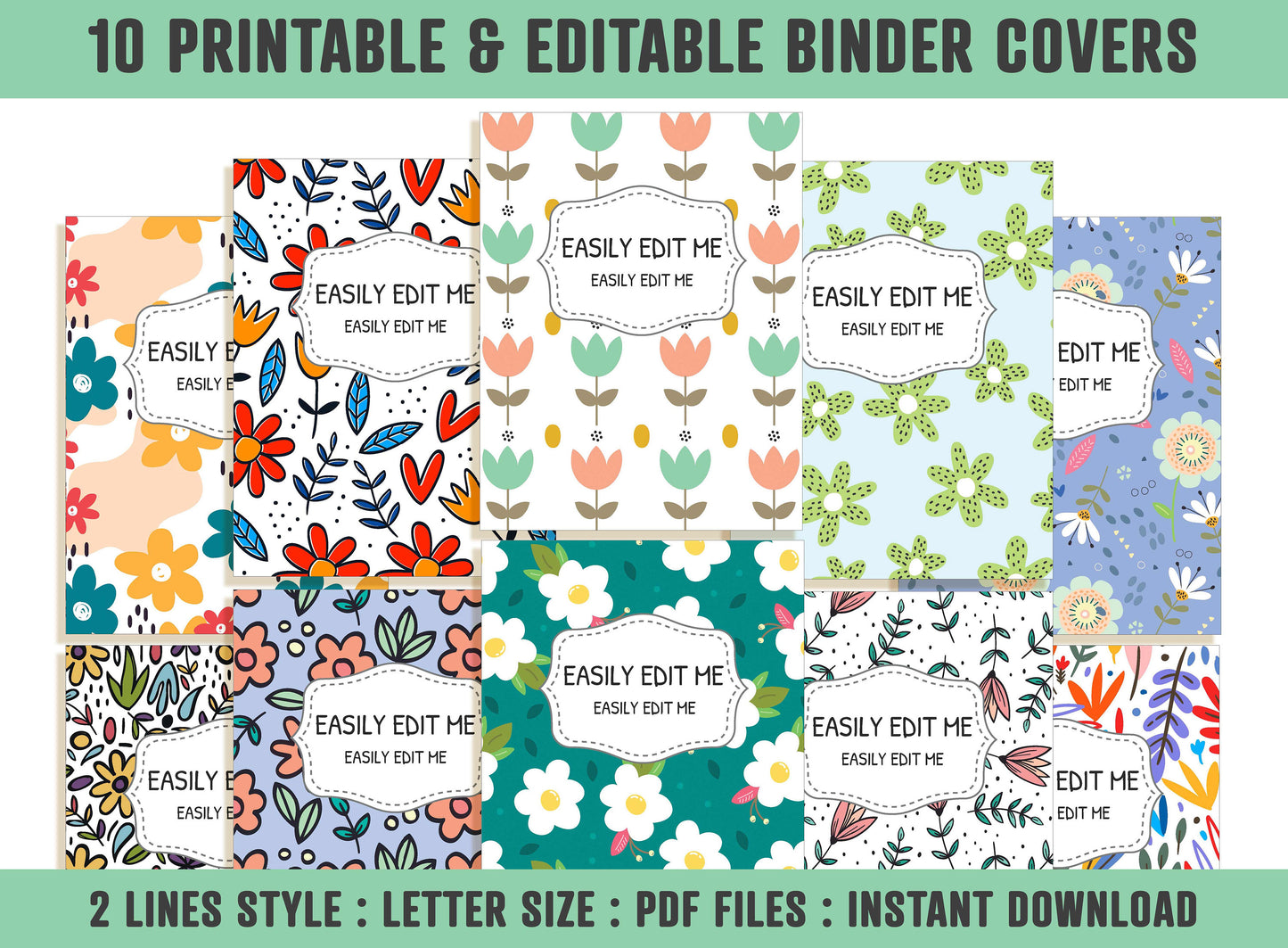 Floral Binder Cover, 10 Printable & Editable Covers+Spines, Binder Cover, Teacher/School Binder, Planner Cover Template Flower Binder Insert