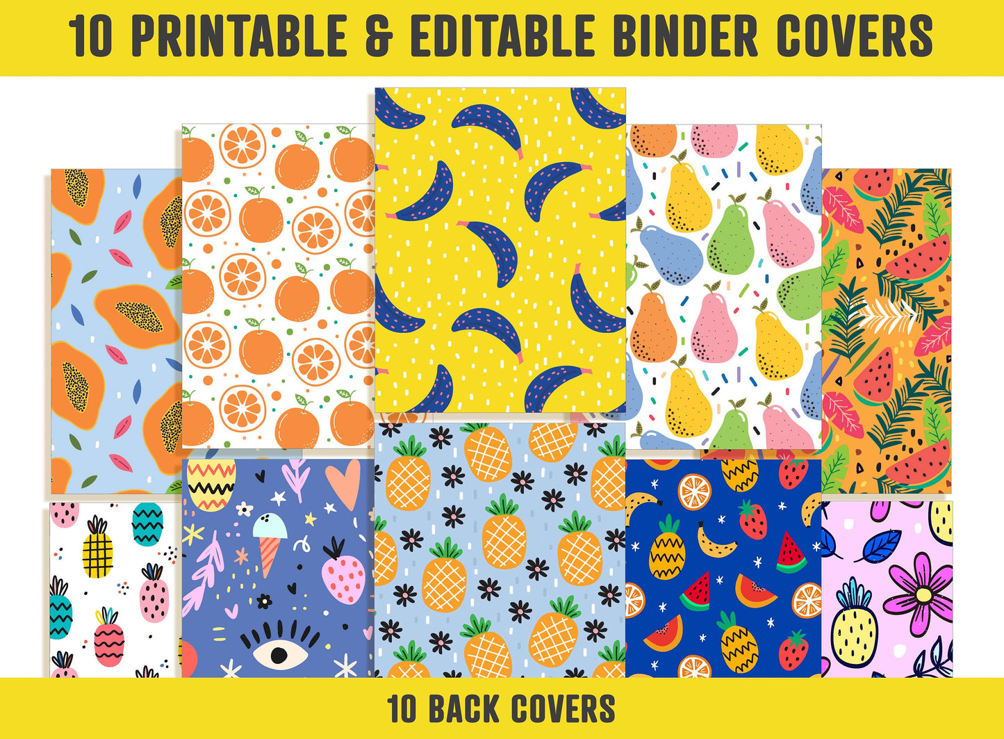 Summer Binder Cover, 10 Printable & Editable Covers+Spines, Binder Insert Planner Cover Template Teacher/School Binder Cover Tropical Fruits