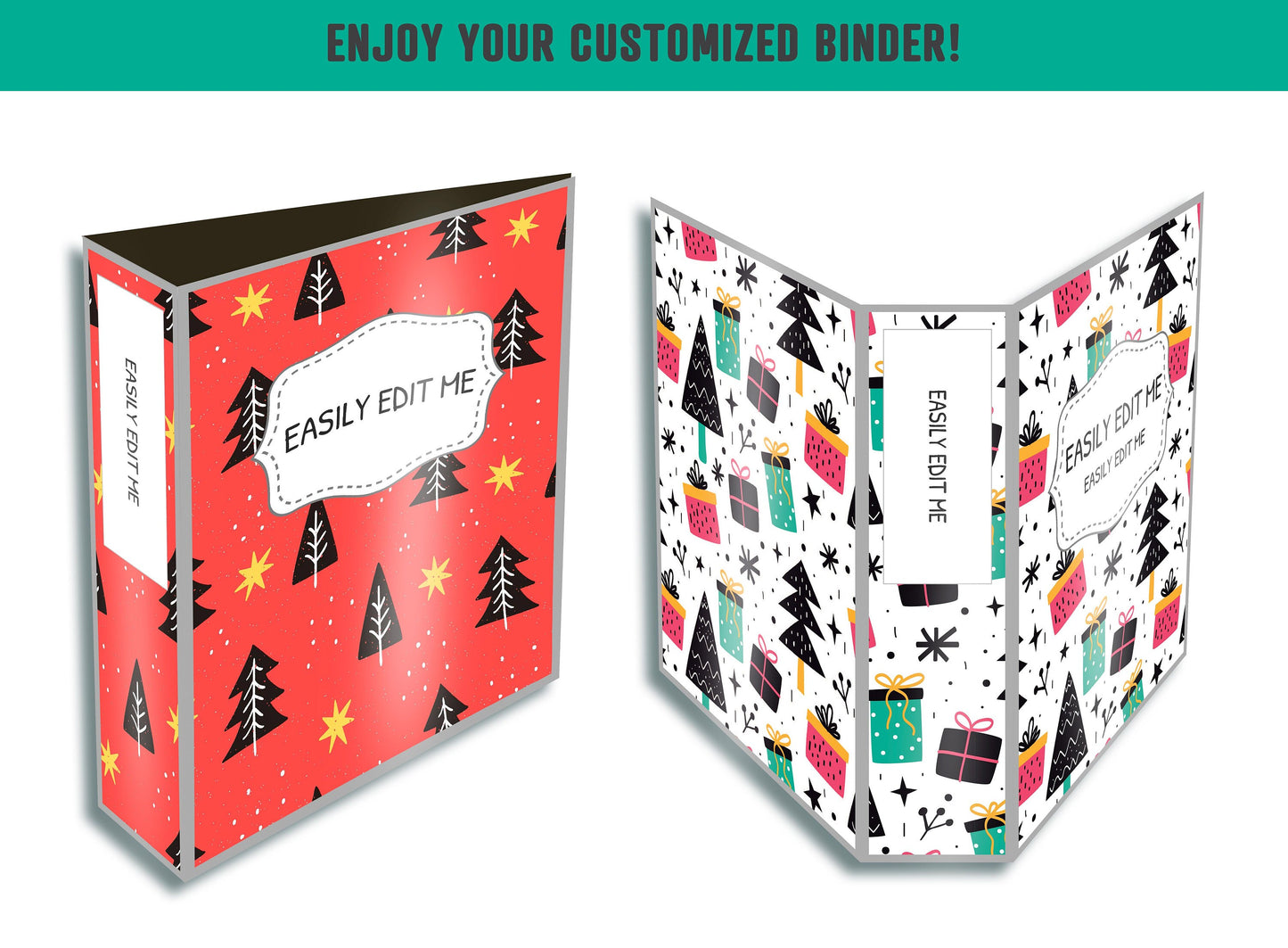 Christmas Binder Cover, 10 Printable & Editable Covers+Spines, Binder Insert, Planner Cover, Christmas Tree Wreath Winter Snow Gifts Lights
