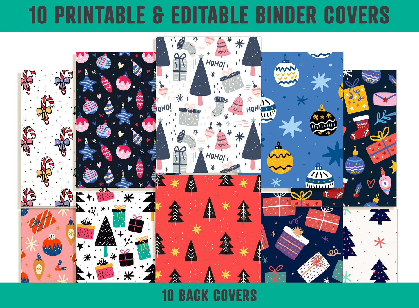 Christmas Binder Cover, 10 Printable & Editable Covers+Spines, Binder Insert, Planner Cover, Christmas Tree Wreath Winter Snow Gifts Lights
