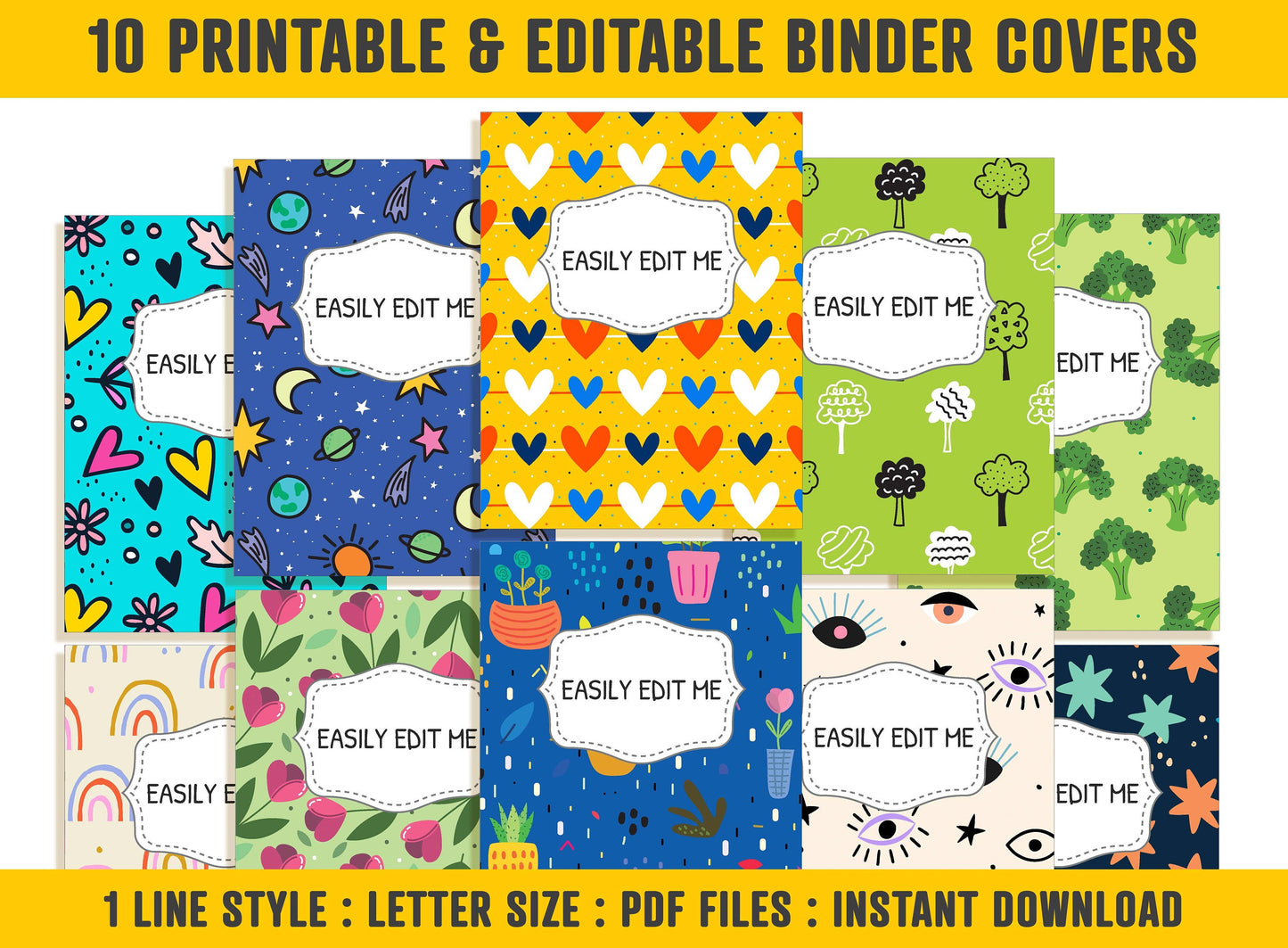 Printable Binder Cover, 10 Editable Covers+Spines, Binder Inserts, Planner Cover, Teacher/School Binder Template, Printable Binder Cover PDF