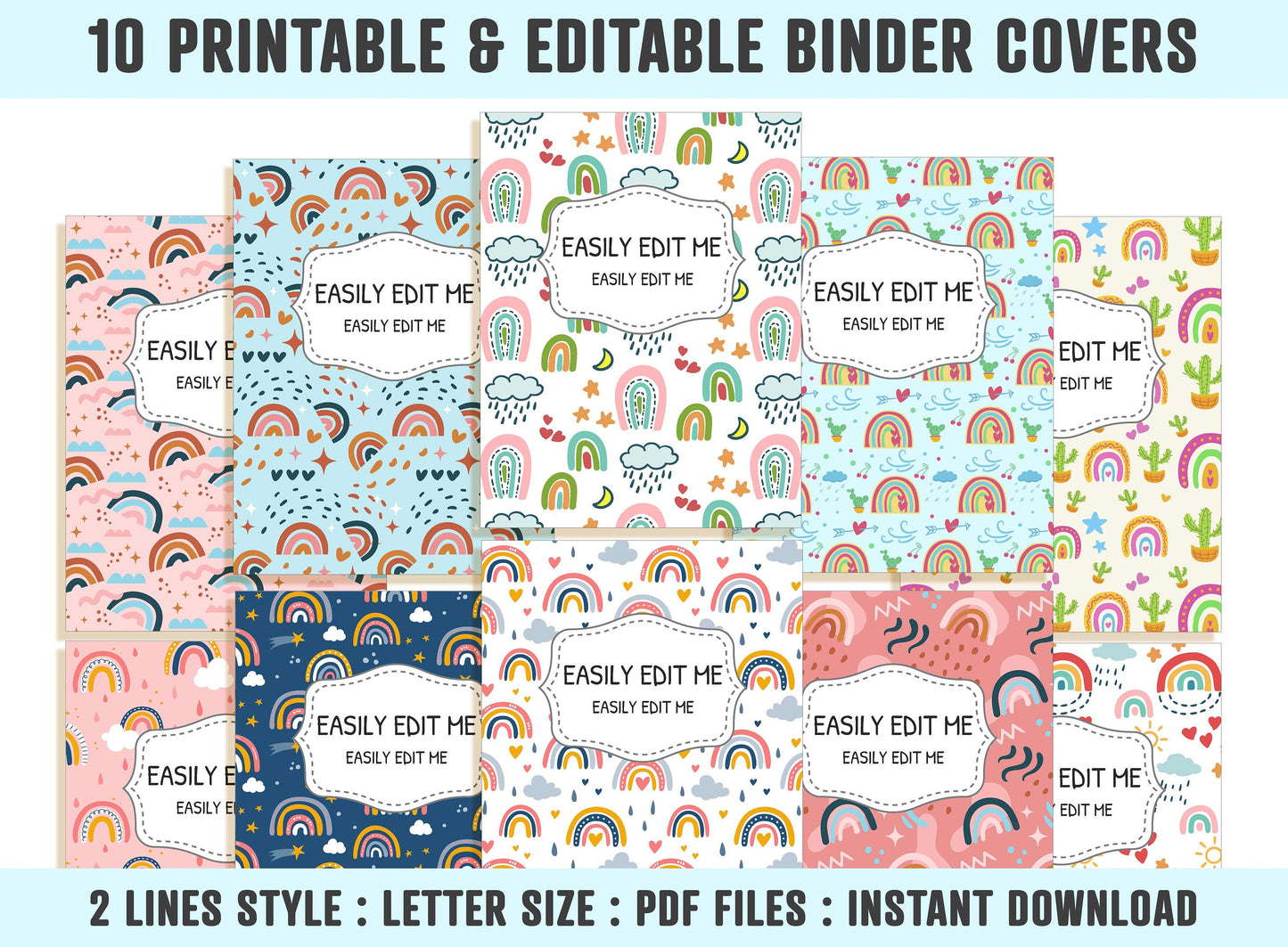 Rainbow Binder Cover, 10 Printable & Editable Binder Covers+Spines, Binder Inserts, Planner Cover, Teacher/School Binder Cover, Folder Cover