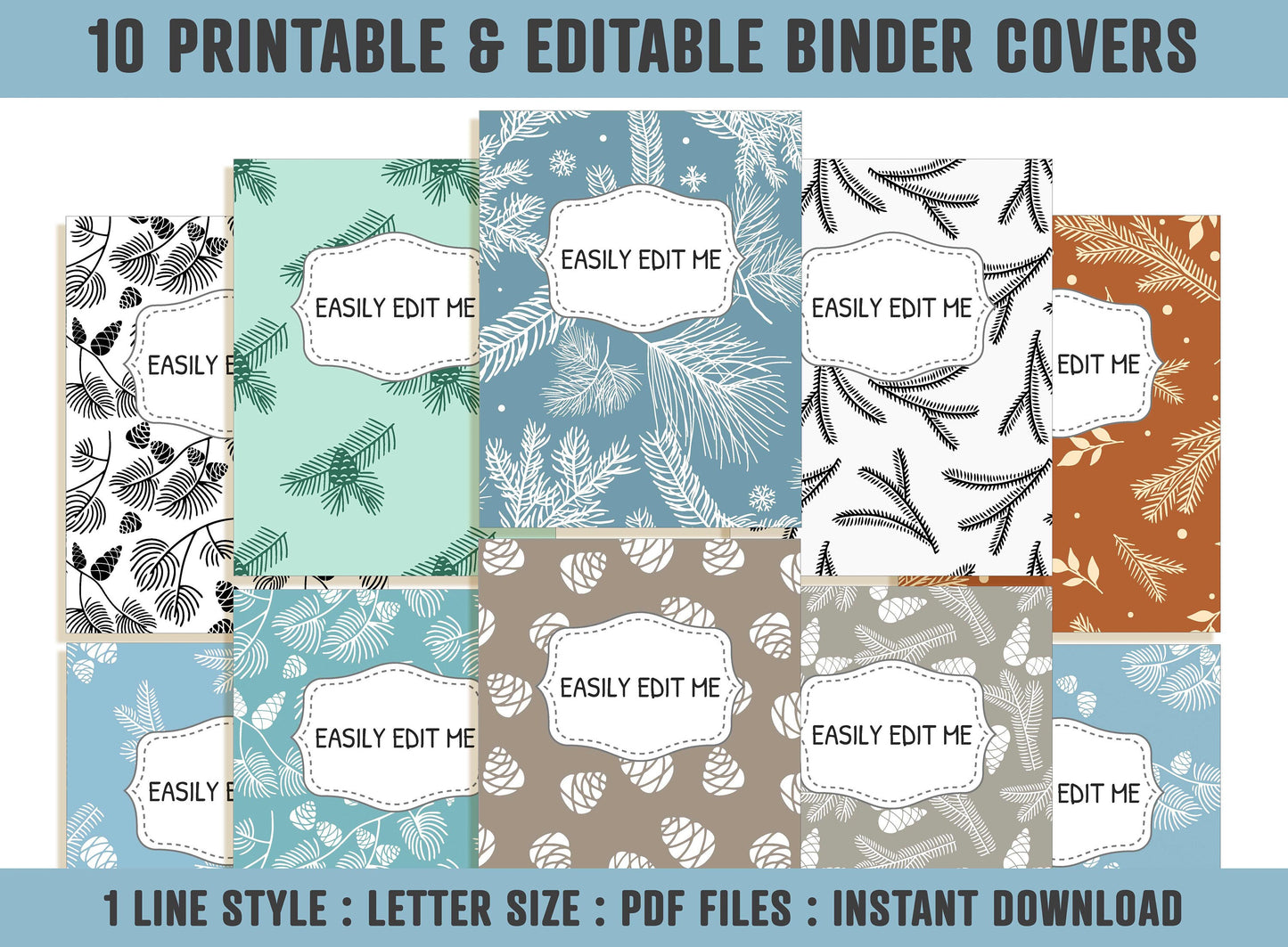 Binder Cover Printable Editable, 10 Covers+Spines, Binder Insert, Planner Cover, Teacher Binder, School Binder Cover, Fir/Pine Binder Covers