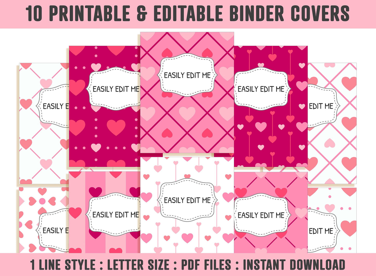 Binder Cover Pink, 10 Printable & Editable Binder Covers+Spines, Binder Insert, Planner/Notebook Cover, Teacher/School, Love/Heart/Valentine