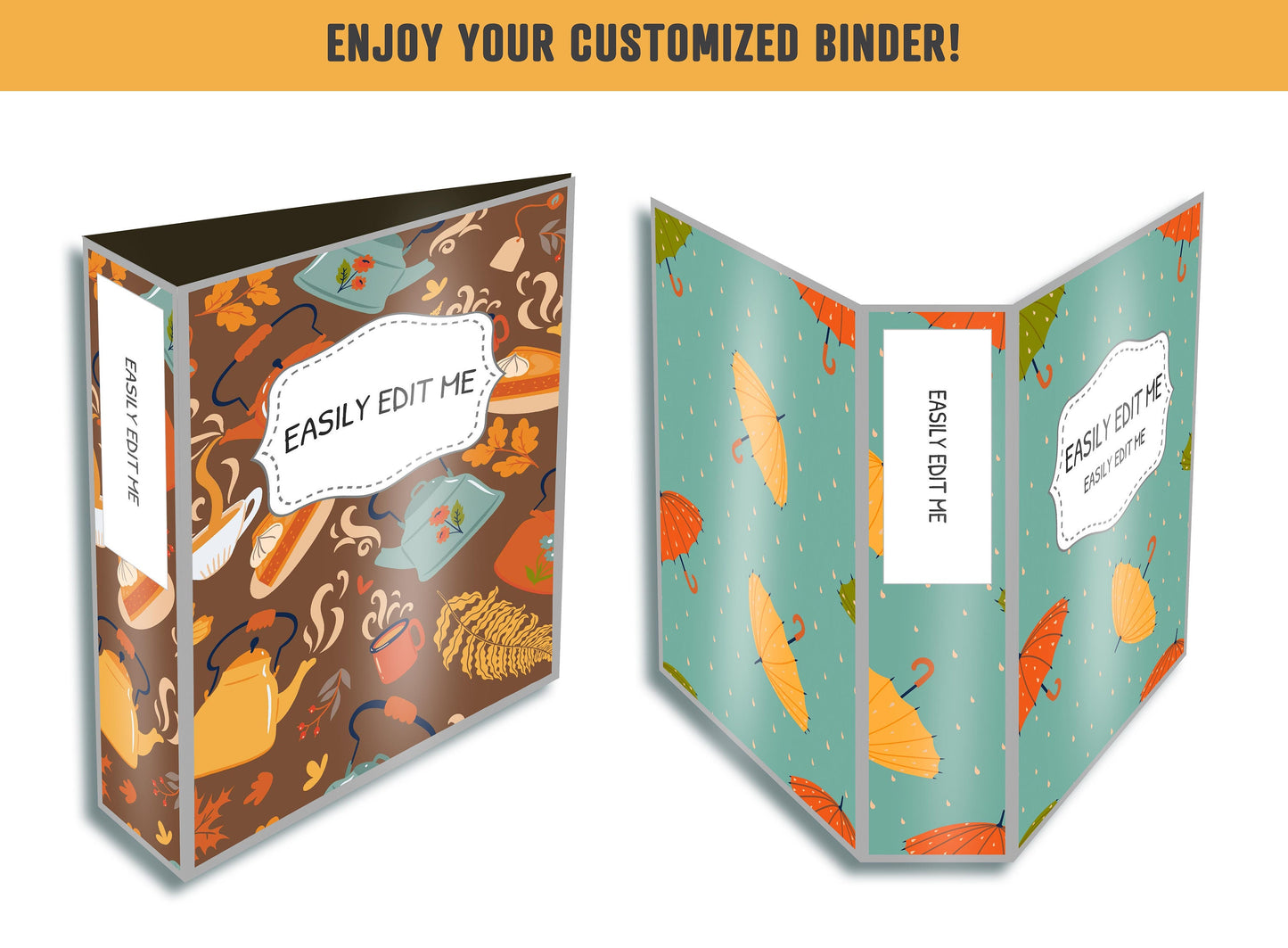 Fall Binder Cover, 10 Printable & Editable Covers+Spines, Autumn Binder Insert, Planner Cover Template, Teacher/School, Umbrella/Leaves, PDF