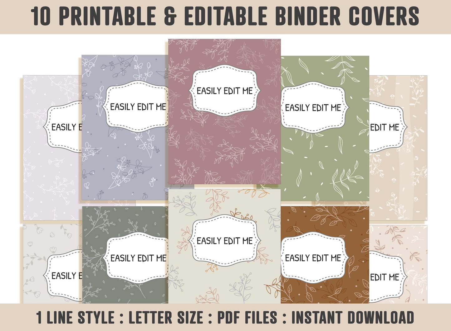 Floral Binder Cover, 10 Printable & Editable Binder Covers+Spines, Teacher/School Binder, Planner Cover, Binder Insert, Flower, Floral, PDF