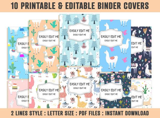 Llama Binder Cover, 10 Printable & Editable Covers+Spines, Binder Insert, Planner Cover, Teacher Binder, School Binder Cover, Template, PDF