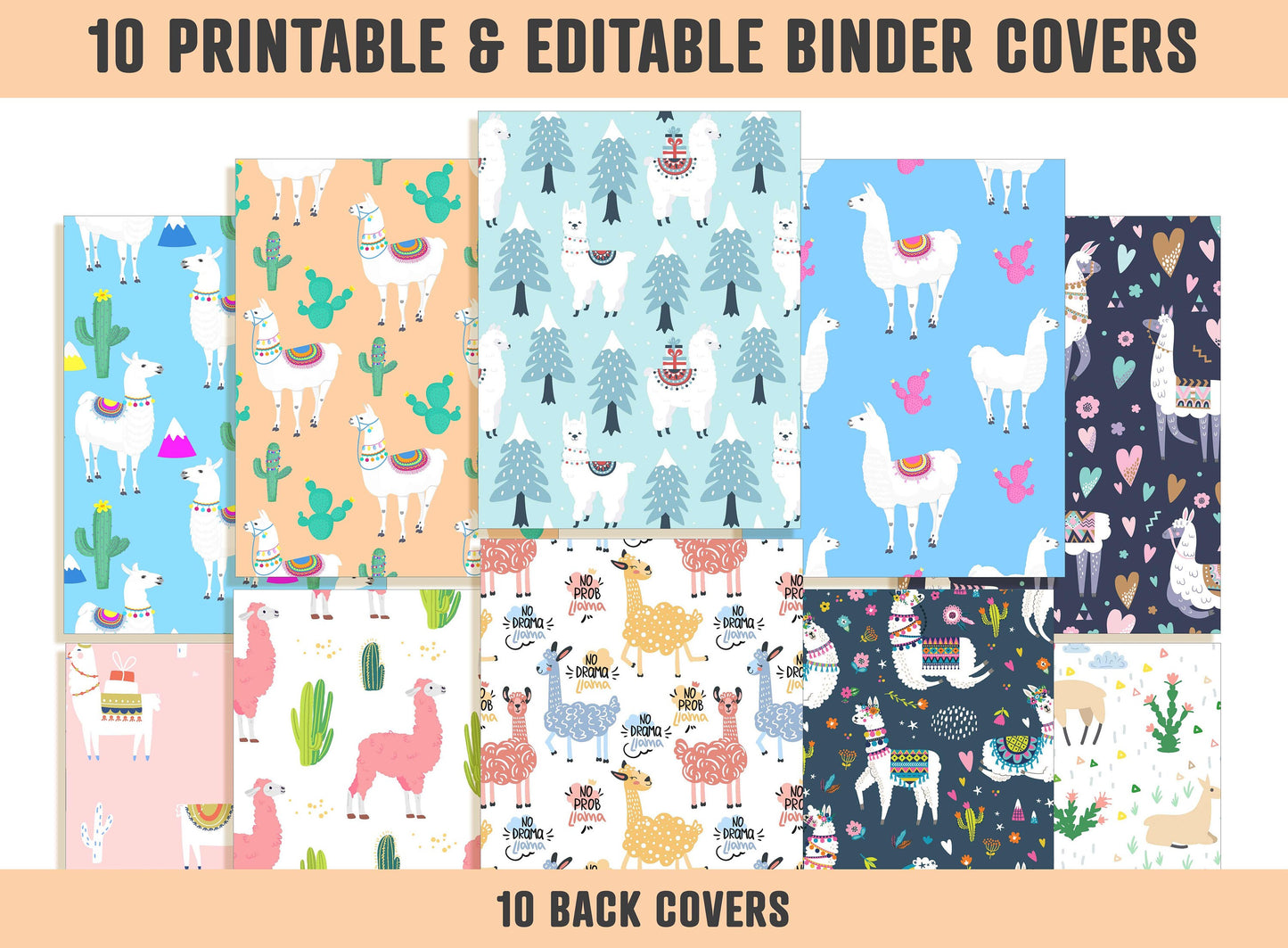 Llama Binder Cover, 10 Printable & Editable Covers+Spines, Binder Insert, Planner Cover, Teacher Binder, School Binder Cover, Template, PDF