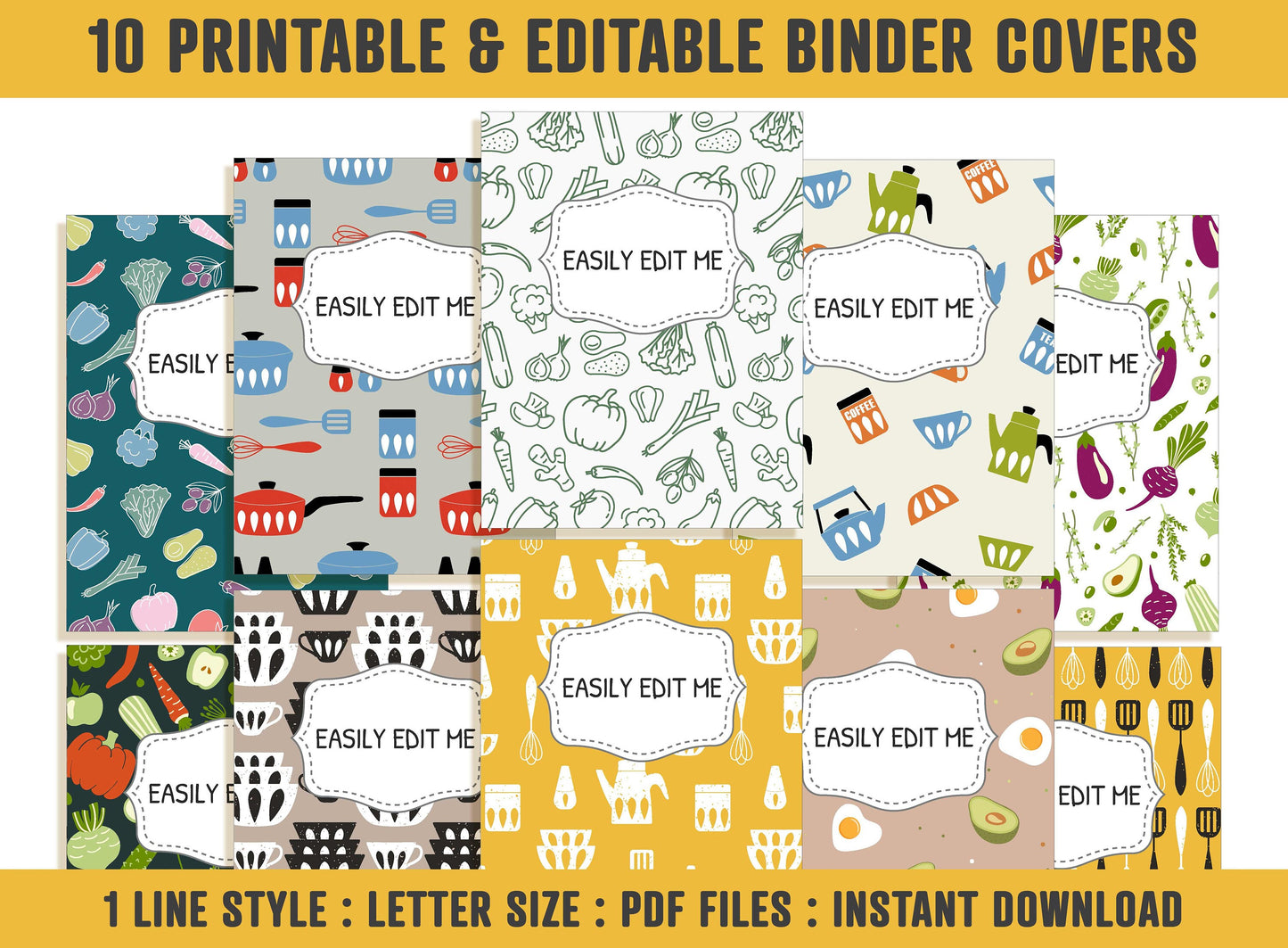 Cooking Binder Cover, 10 Printable/Editable Covers+Spines, Binder Insert, Planner Cover, Kitchen, Vegetables, Tea/Coffee Pot, Cookware, Herb