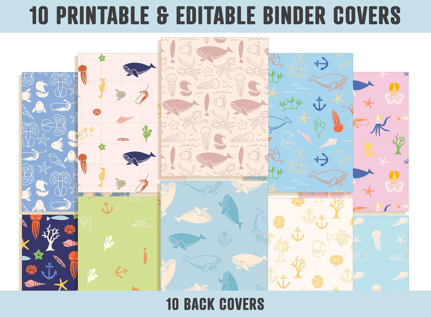 Binder Cover Animal, 10 Printable/Editable Covers+Spines, Binder Inserts, Planner Cover, Teacher/School Binder, Binder Template, Sea Animals