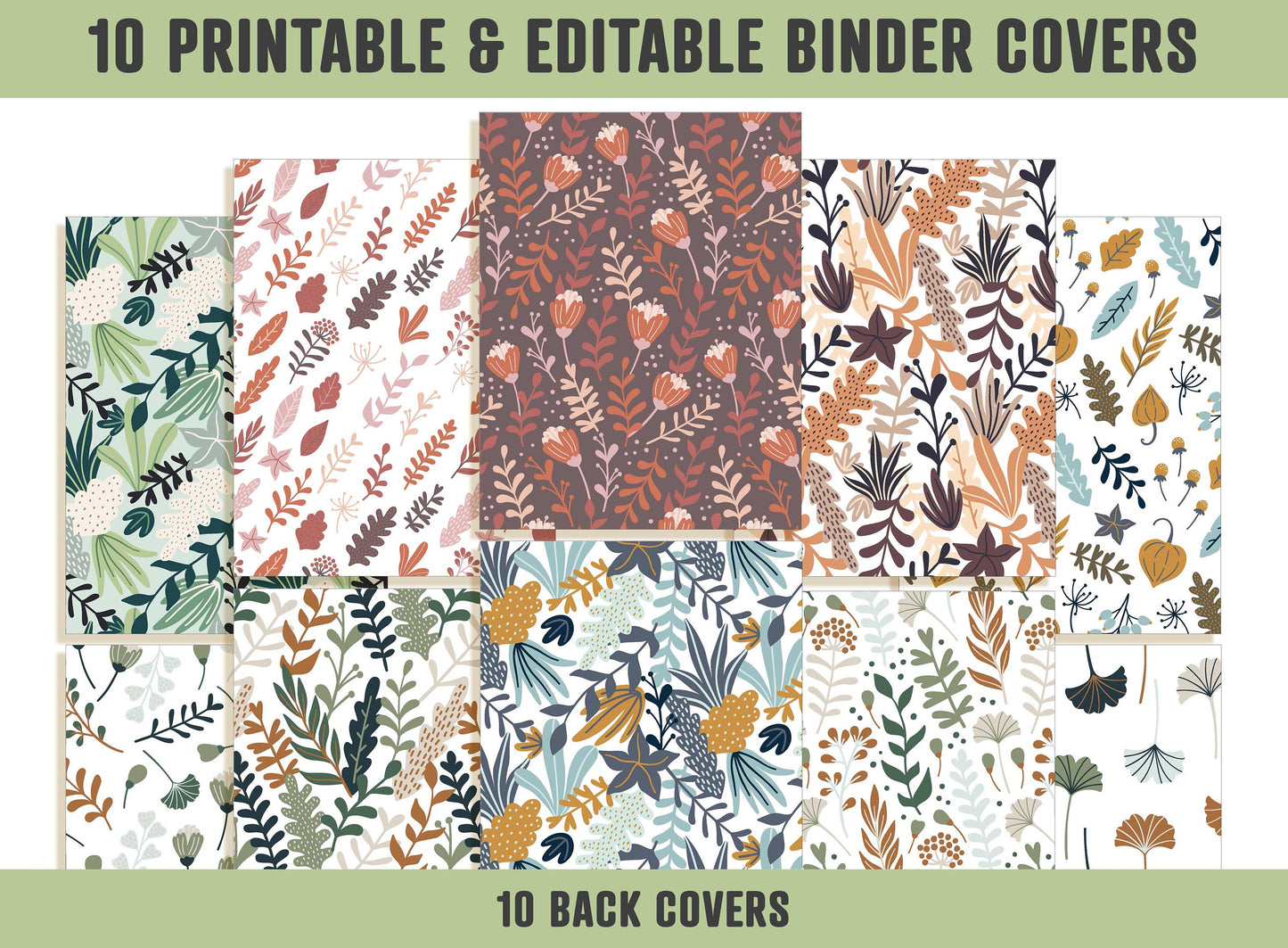 Floral Binder Cover, 10 Printable/Editable Covers+Spines, Binder Insert, Planner Cover, Teacher/School Binder Template, Leaves, Flower, PDF