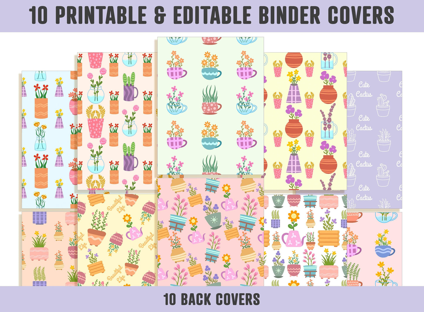 Flower Binder Cover, 10 Printable/Editable Covers+Spines, Binder Insert, Planner Cover, Teacher/School Binder Template, Floral, Cactus, PDF