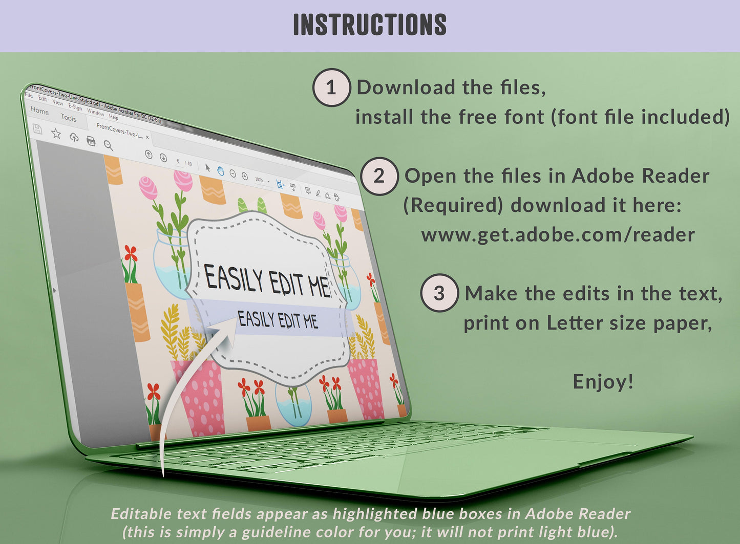 Flower Binder Cover, 10 Printable/Editable Covers+Spines, Binder Insert, Planner Cover, Teacher/School Binder Template, Floral, Cactus, PDF