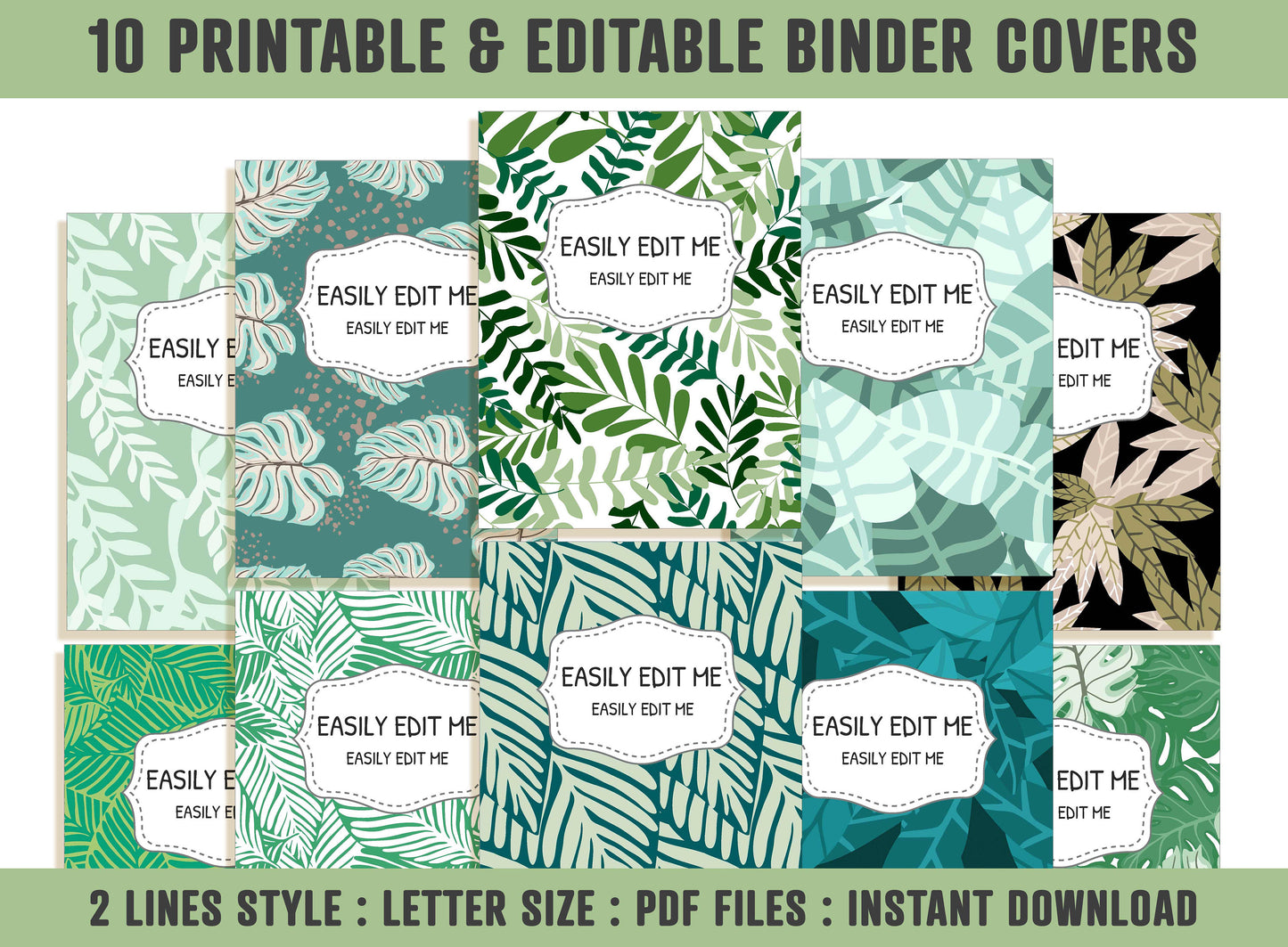 Tropical Leaves Binder Cover, 10 Printable & Editable Covers+Spines, Floral Binder Insert, Planner Cover, Teacher/School Binder Cover, PDF