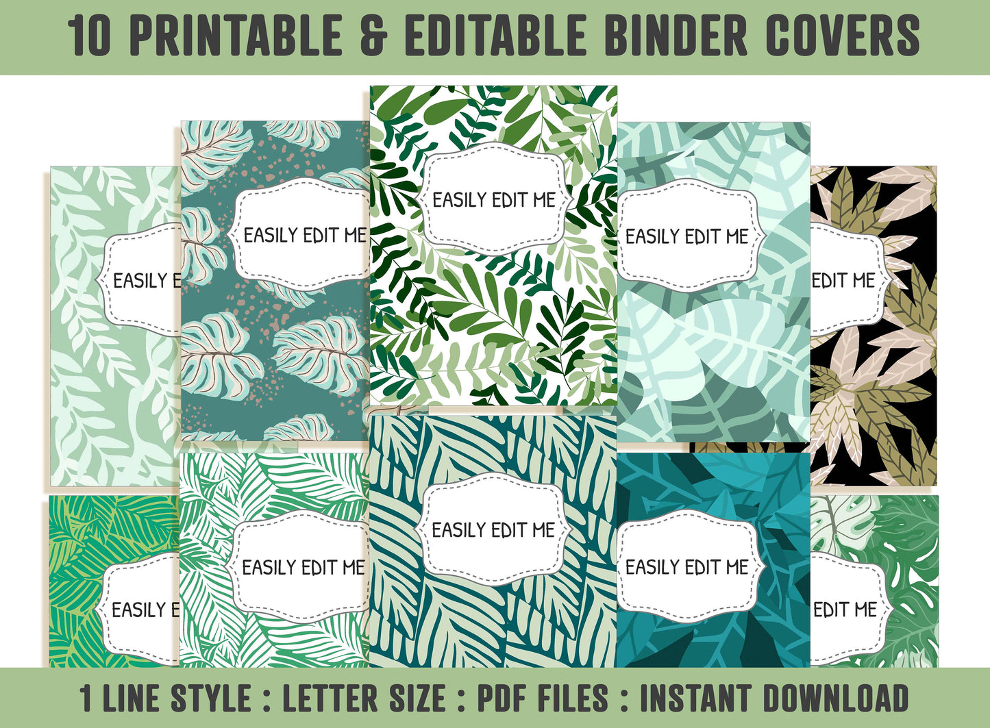 Tropical Leaves Binder Cover, 10 Printable & Editable Covers+Spines, Floral Binder Insert, Planner Cover, Teacher/School Binder Cover, PDF