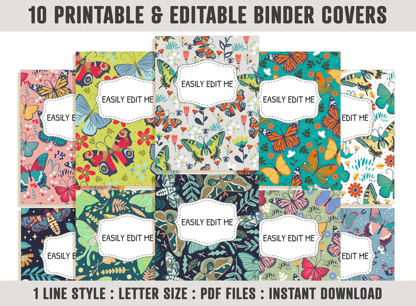 Butterfly Binder Cover, 10 Printable Editable Covers+Spines, Binder Insert, Planner Cover, Teacher/School Binder Cover, Floral/Flower/Leaf