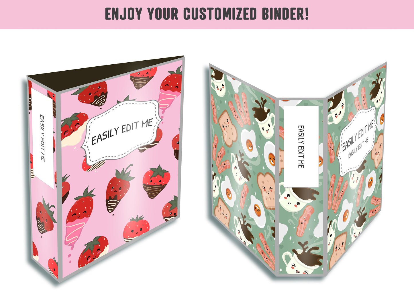 Food Binder Cover, 10 Printable & Editable Covers+Spines Binder Insert Planner Cover Teacher/School Binder Template Cute Kawaii Food/Dessert