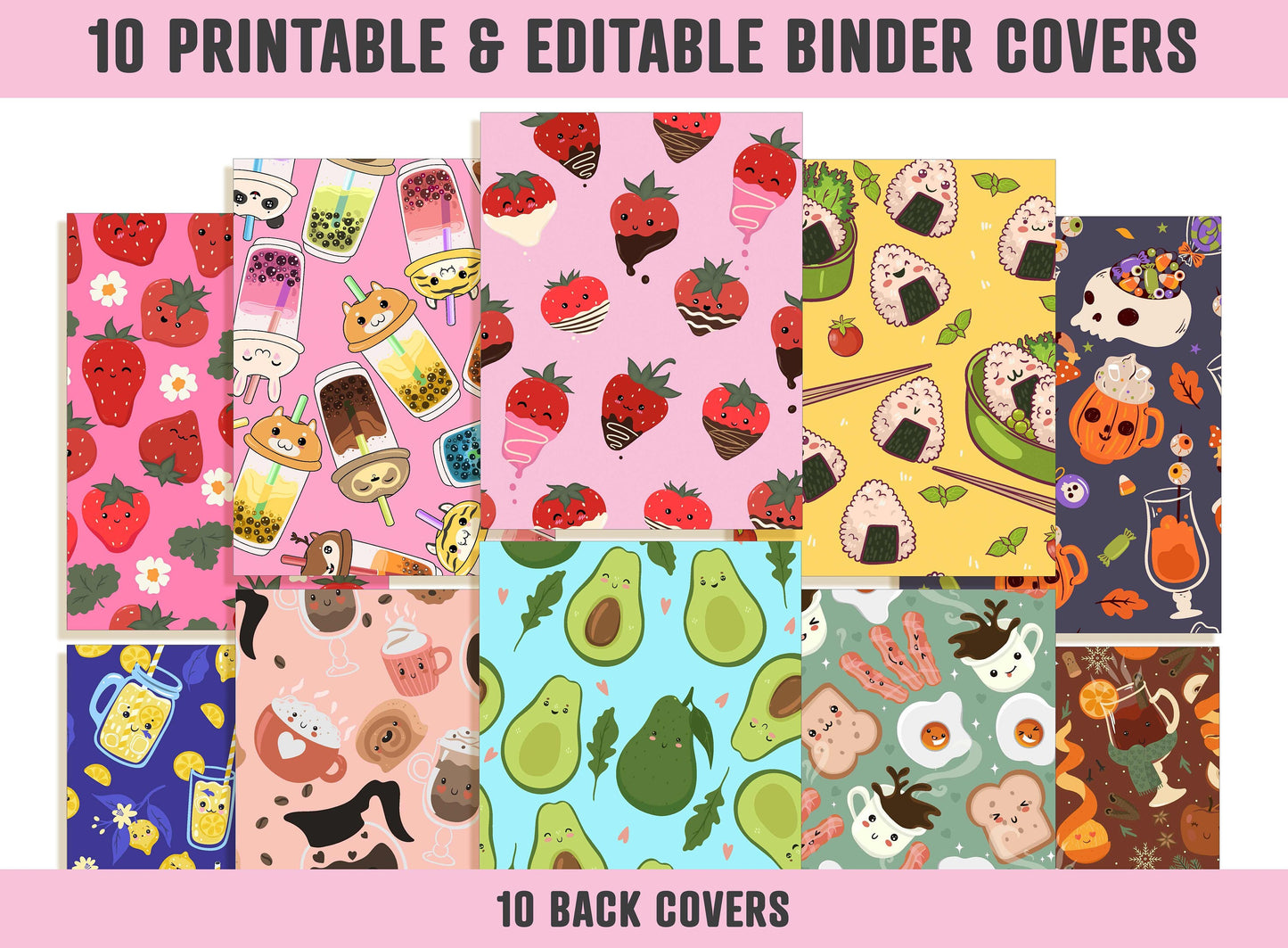 Food Binder Cover, 10 Printable & Editable Covers+Spines Binder Insert Planner Cover Teacher/School Binder Template Cute Kawaii Food/Dessert