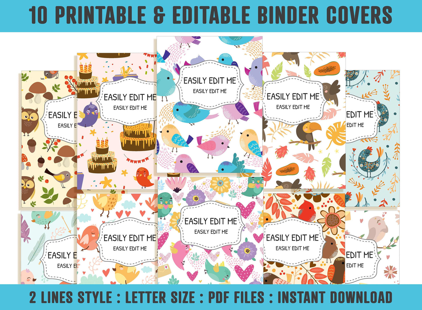 Binder Cover Printable Editable, 10 Covers+Spines, Binder Insert, Planner Cover, Teacher/School Binder Cover, Printable Binder Cover, Birds