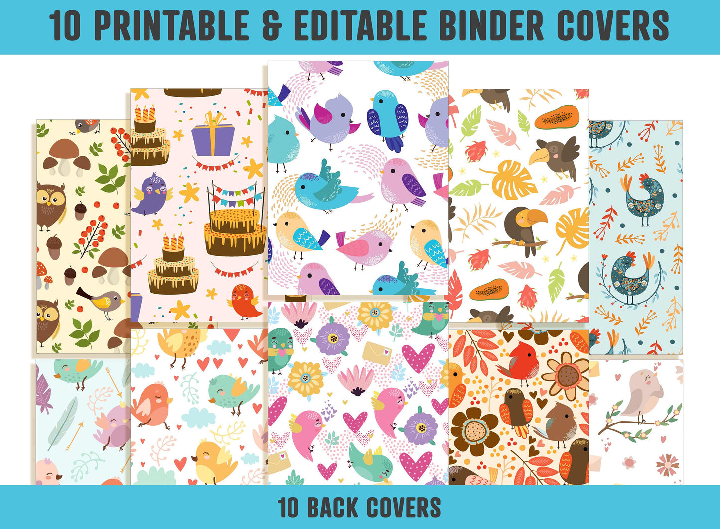 Binder Cover Printable Editable, 10 Covers+Spines, Binder Insert, Planner Cover, Teacher/School Binder Cover, Printable Binder Cover, Birds