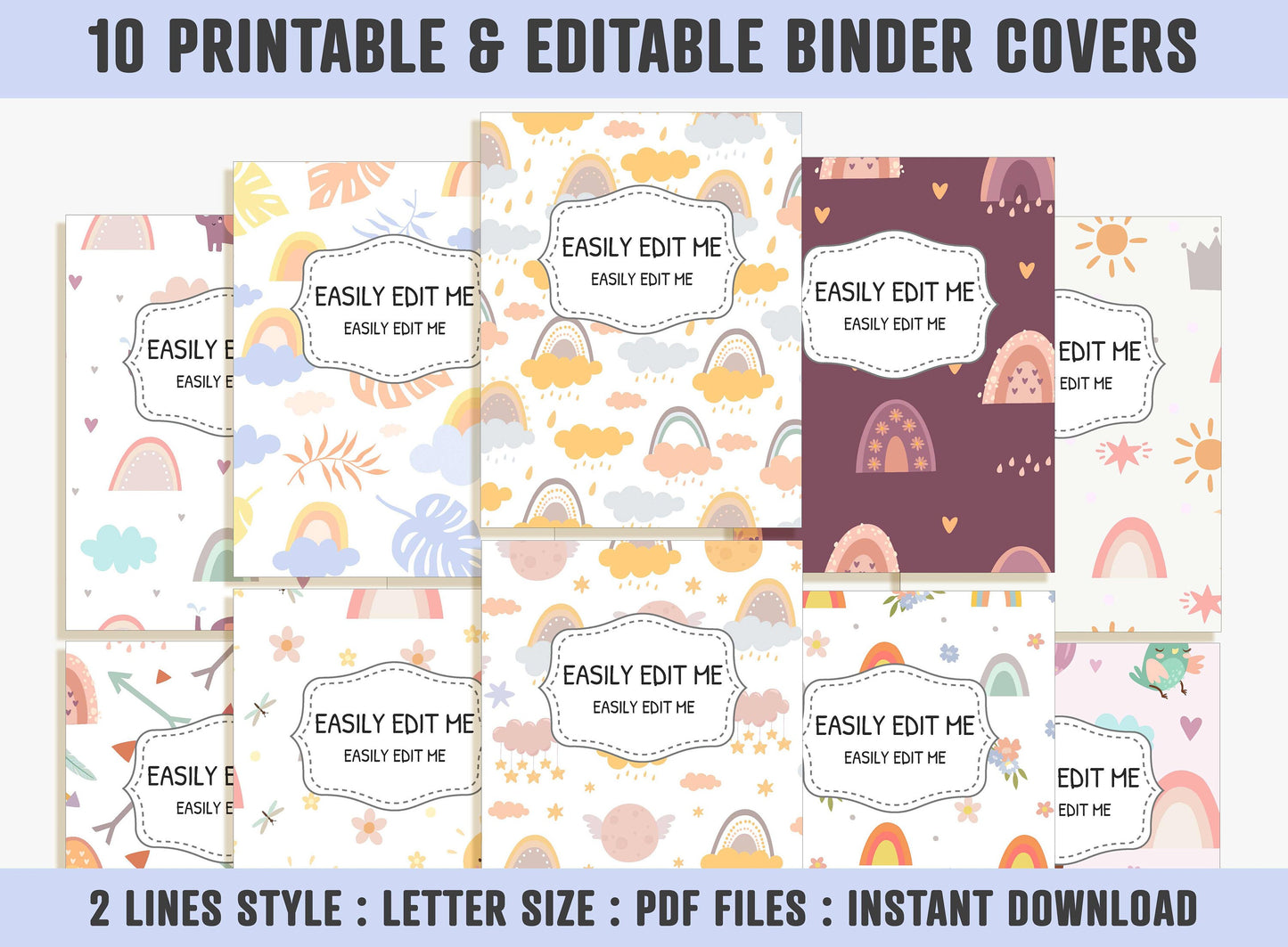 Rainbow Binder Cover Printable Editable, 10 Covers+Spines, Binder Insert, Planner Cover, Teacher/School Binder Cover, Printable Binder Cover