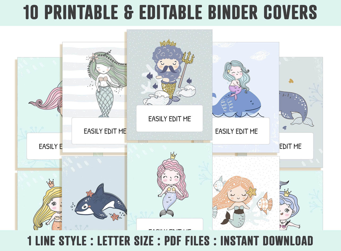 Mermaid Binder Cover, 10 Printable & Editable Covers+Spines, Binder Insert, Planner Cover, Teacher/School Binder Template, Sea Animal, Whale