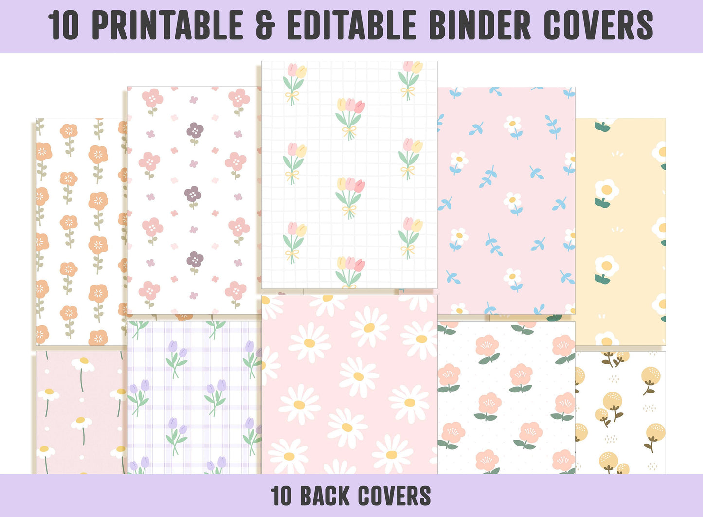 Flower Binder Cover, 10 Covers+Spines, Binder Cover Printable, Editable, Teacher/School Binder Cover, Planner Cover, Binder Inserts, Floral