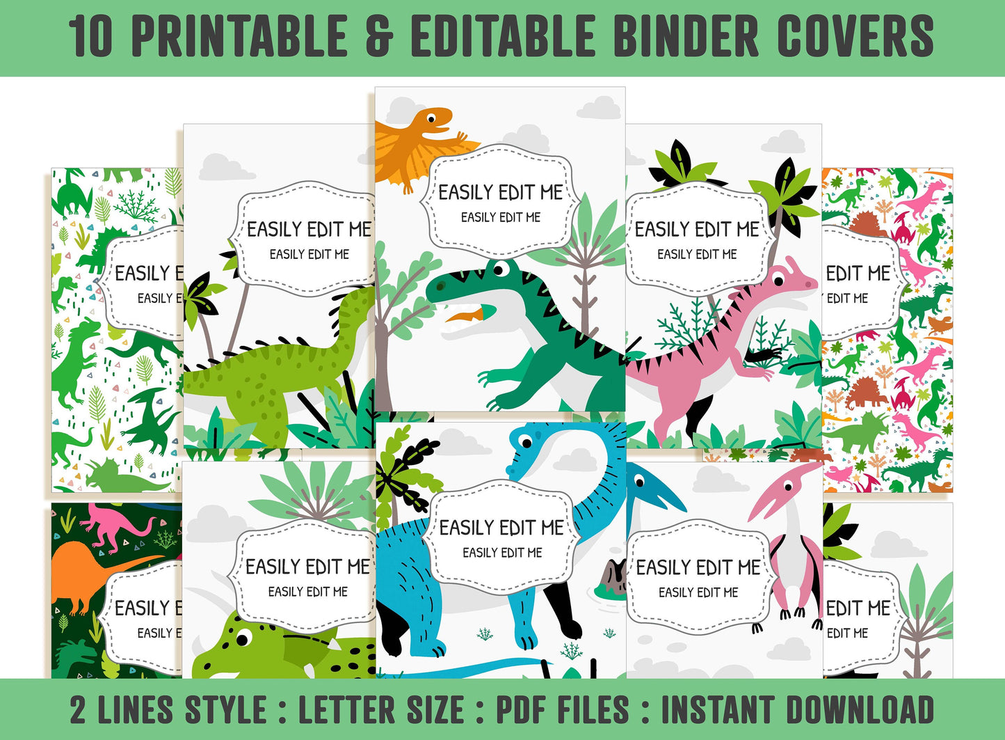 Dinosaur Binder Cover, 10 Printable & Editable Covers+Spines, Binder Inserts, Planner Cover, Teacher, Kids, Boys, Girls School Binder, PDF