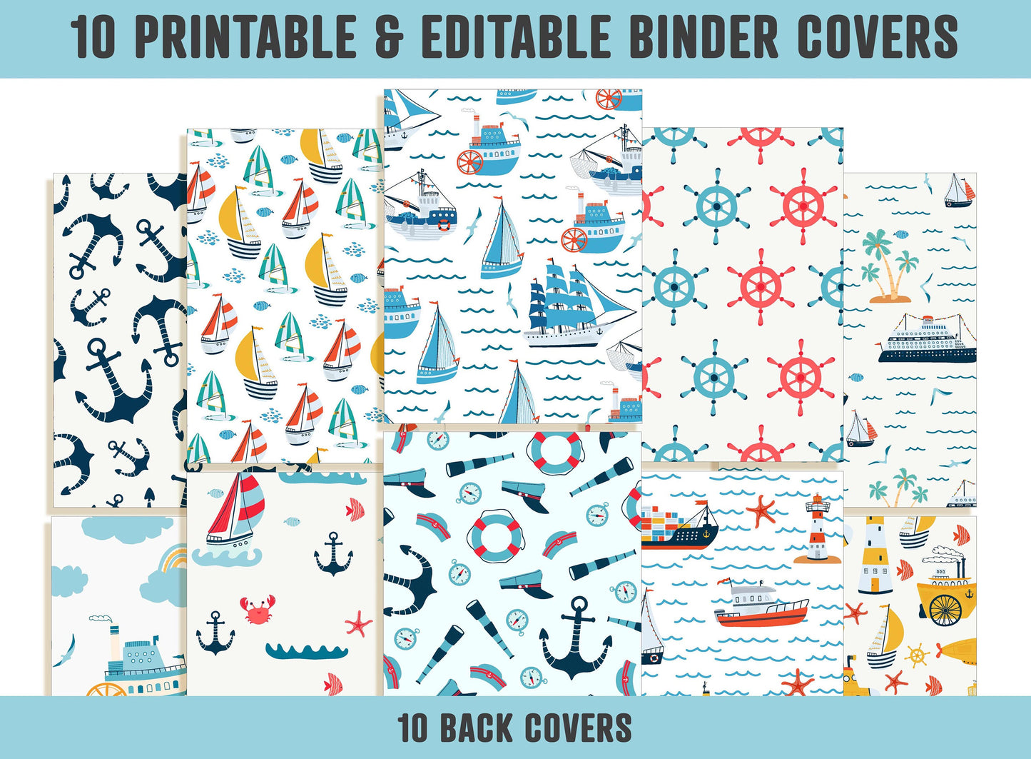 Ocean Binder Cover, 10 Printable/Editable Covers+Spines, Planner Cover Teacher/School Binder Insert/Template, Anchor, Sea, Ship Wheel Cruise