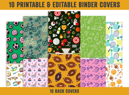 Sports Binder Cover, 10 Printable & Editable Covers+Spines, Binder Insert, Planner Cover Template for Teacher/School, Football Tennis Soccer