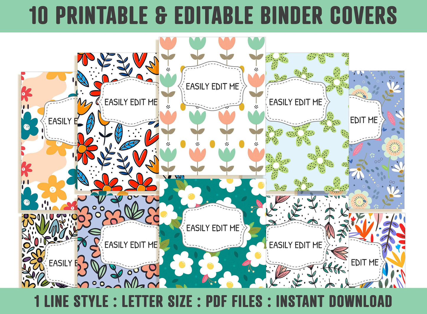 Floral Binder Cover, 10 Printable & Editable Covers+Spines, Binder Cover, Teacher/School Binder, Planner Cover Template Flower Binder Insert